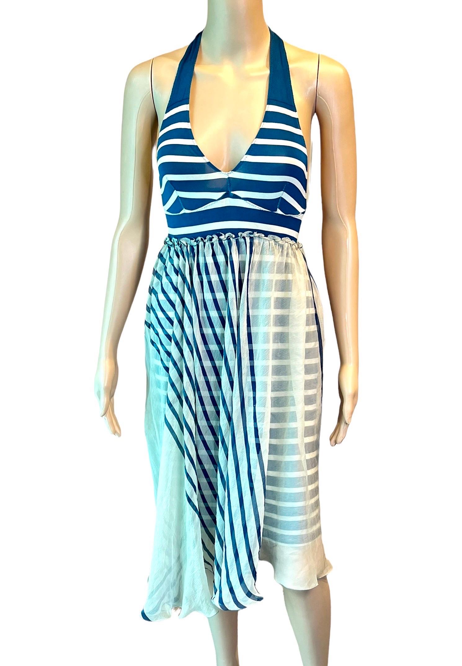 Jean Paul Gaultier Soleil S/S 2001 Striped Ivory and Navy Blue Print Cutout Back Dress Size L


