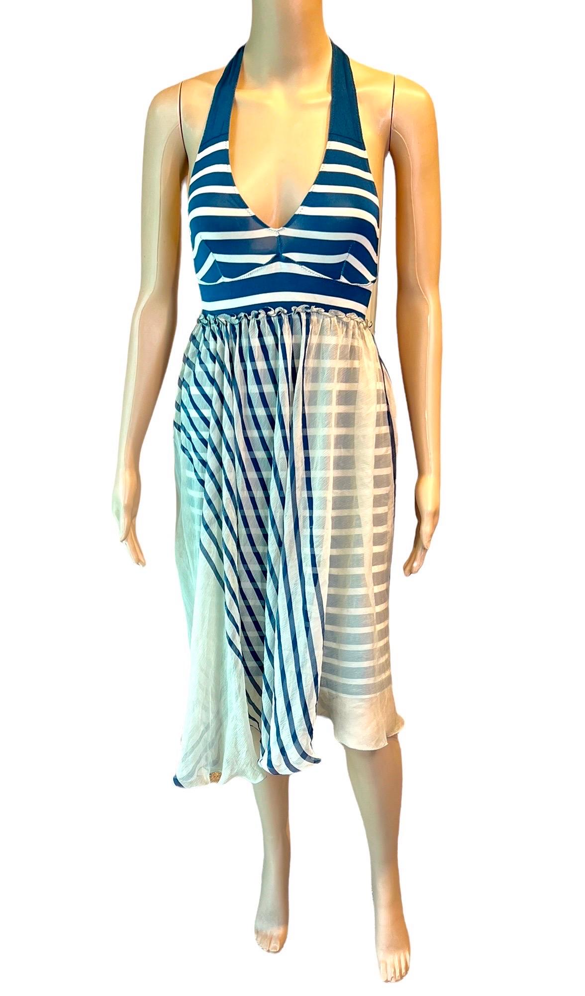 Jean Paul Gaultier Soleil S/S 2001 Striped Ivory & Navy Blue Cutout Back Dress  In Good Condition For Sale In Naples, FL