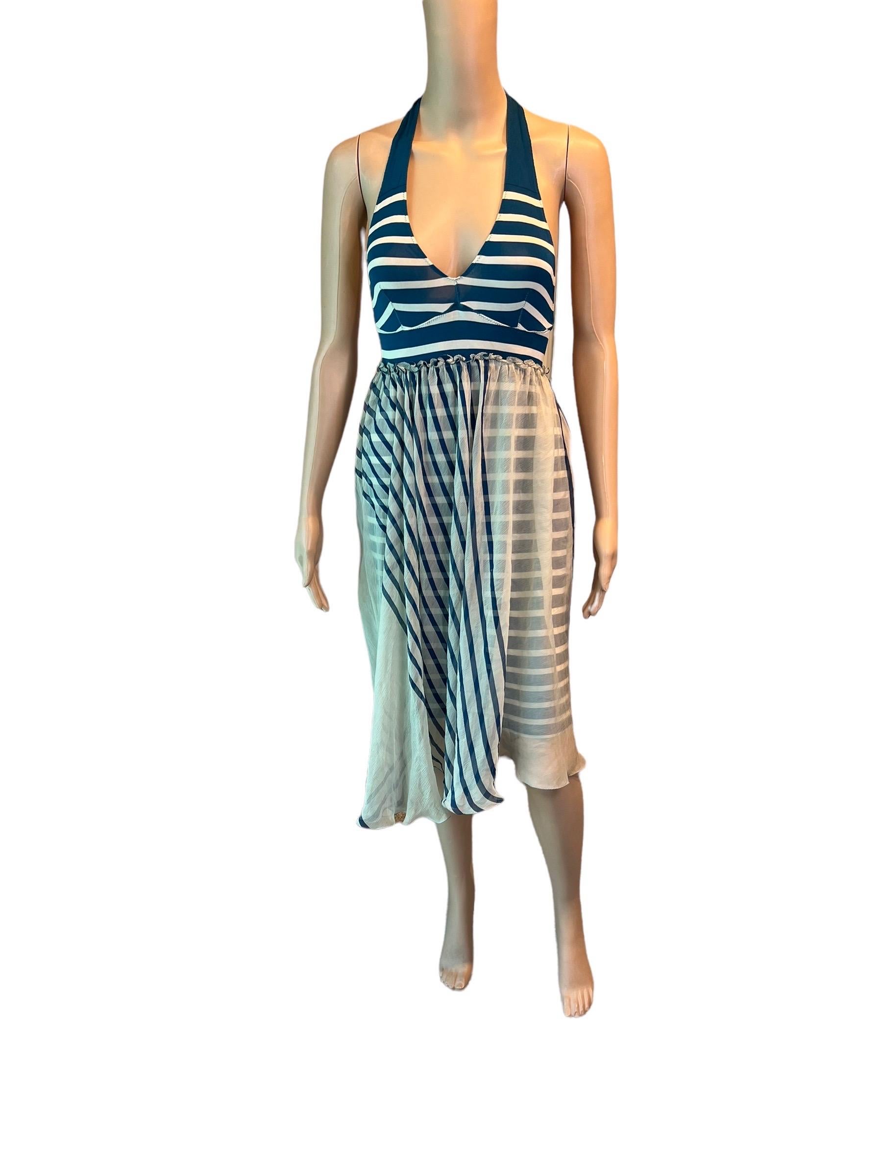 Women's or Men's Jean Paul Gaultier Soleil S/S 2001 Striped Ivory & Navy Blue Cutout Back Dress  For Sale