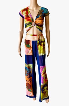 Jean Paul Gaultier Soleil S/S 2002 Portraits Faces Crop Top & Pants 2 Piece Set