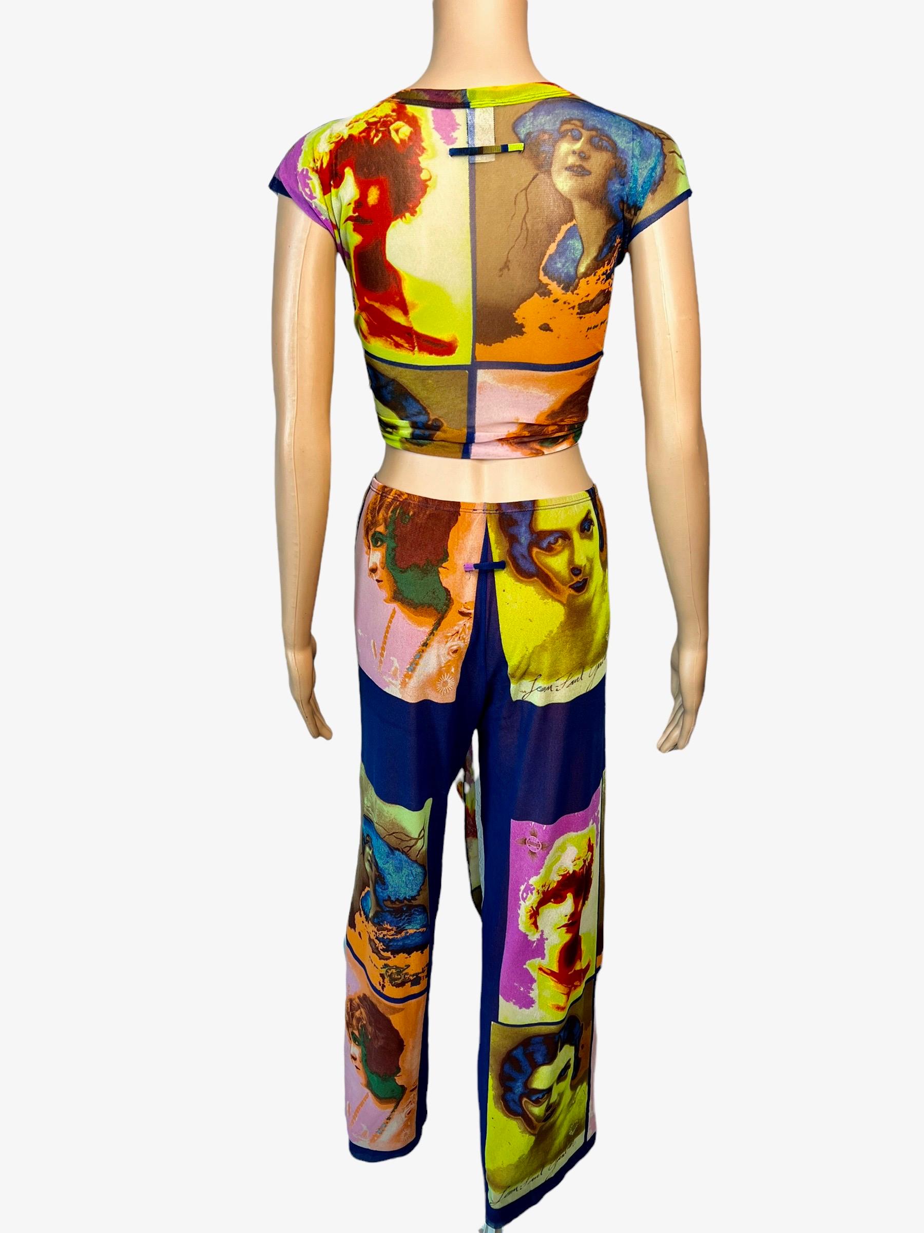 Jean Paul Gaultier Soleil S/S 2002 Portraits Faces Crop Top & Pants 2 Piece Set For Sale 2