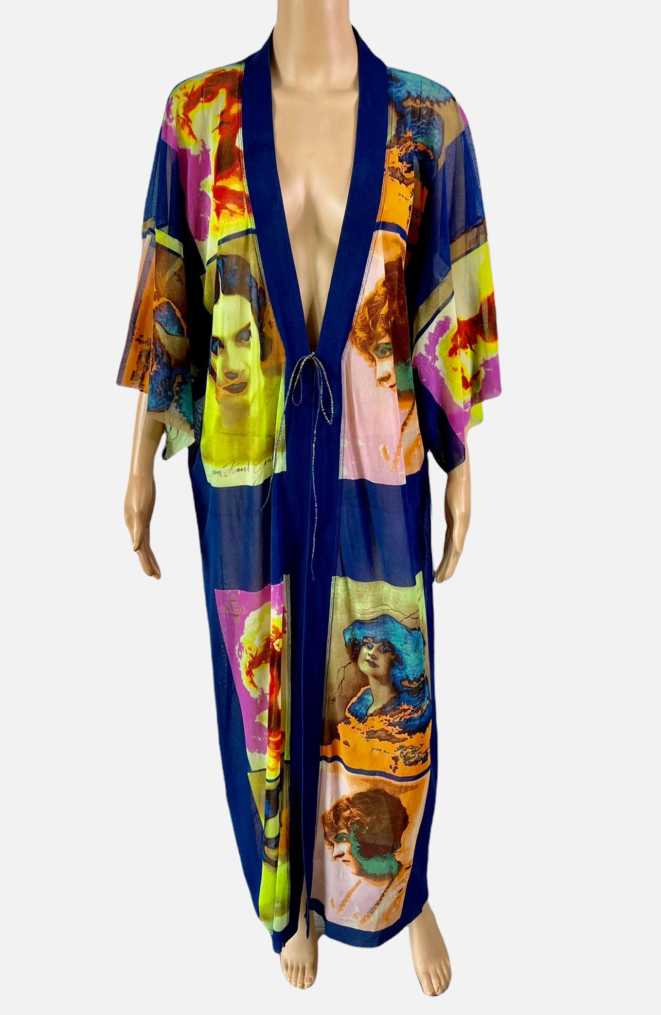 Jean Paul Gaultier Soleil S/S 2002 Vintage “Portraits” Mesh Maxi Dress Kimono Size S


