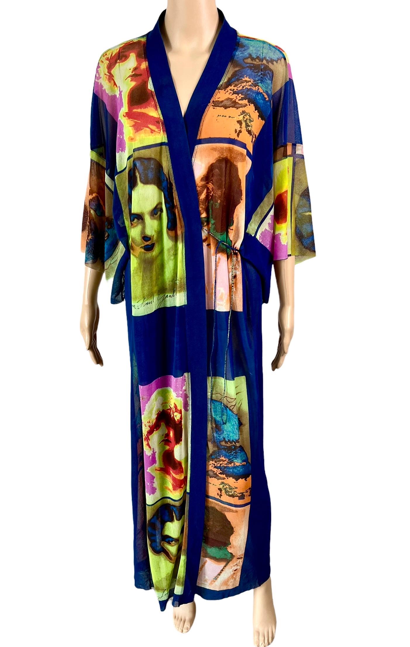 Purple Jean Paul Gaultier Soleil S/S 2002 Vintage “Portraits” Mesh Maxi Dress Kimono For Sale