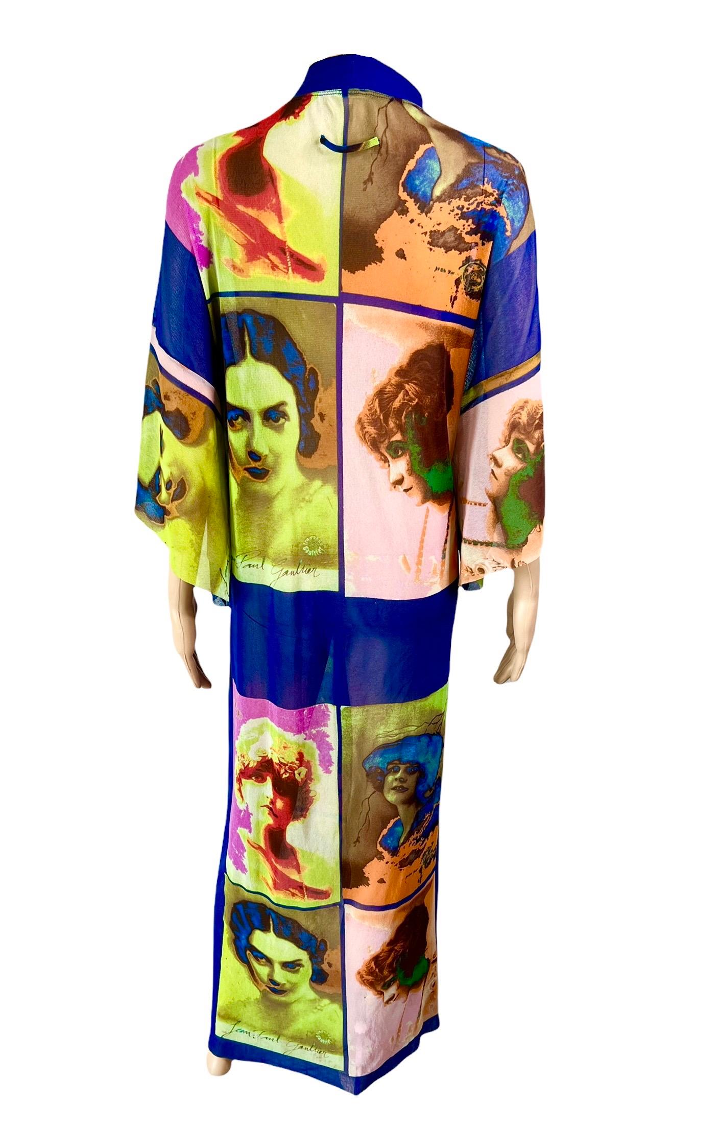 Jean Paul Gaultier Soleil S/S 2002 Vintage “Portraits” Mesh Maxi Dress Kimono In Good Condition For Sale In Naples, FL