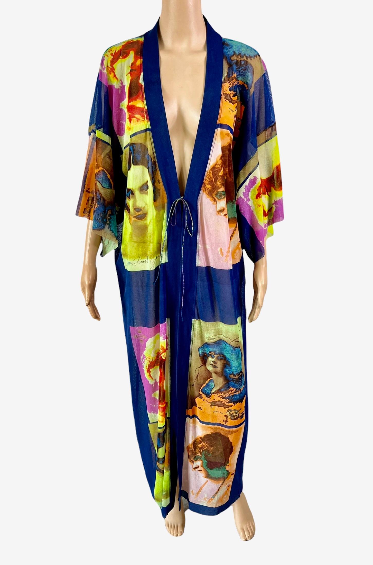 Women's or Men's Jean Paul Gaultier Soleil S/S 2002 Vintage “Portraits” Mesh Maxi Dress Kimono For Sale