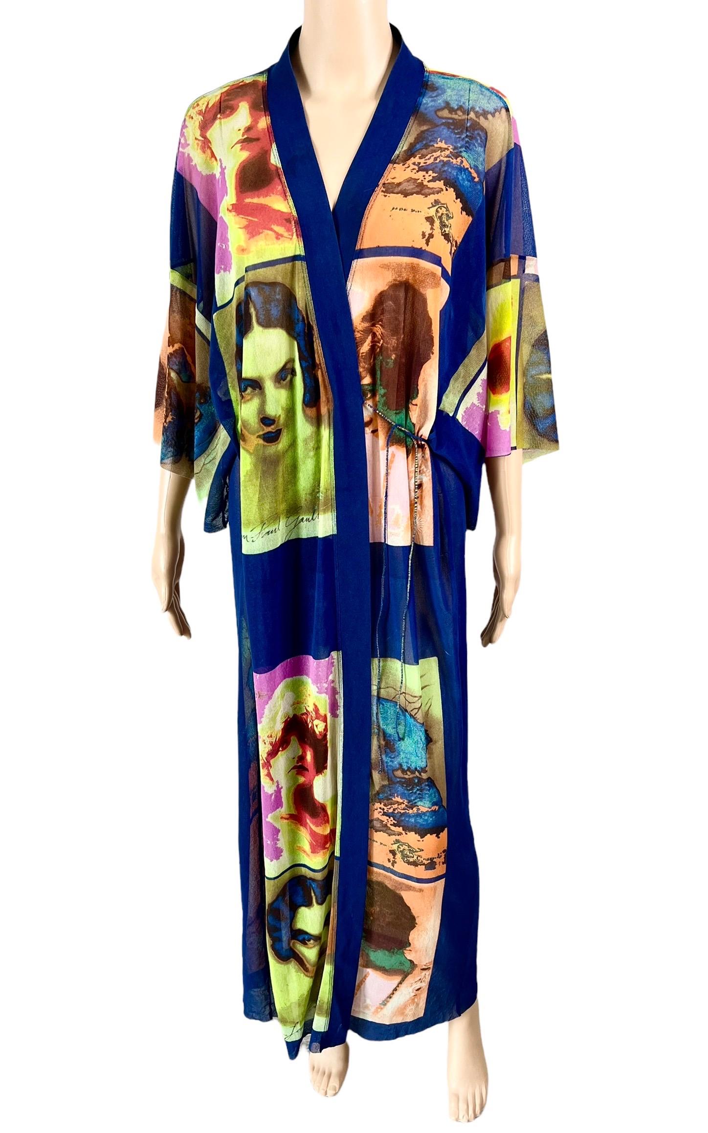 Jean Paul Gaultier Soleil S/S 2002 Vintage “Portraits” Mesh Maxi Dress Kimono For Sale 1