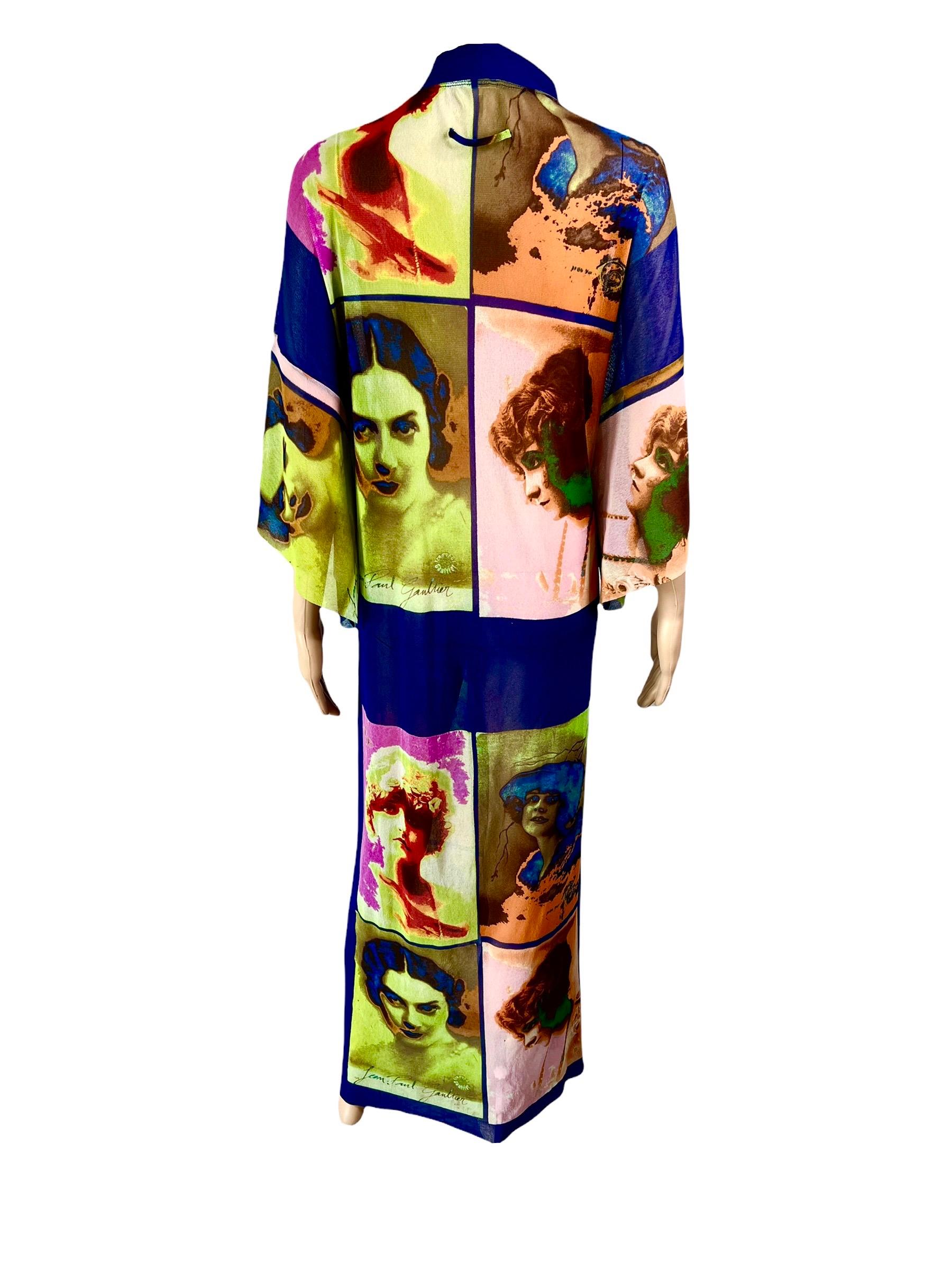 Jean Paul Gaultier Soleil S/S 2002 Vintage “Portraits” Mesh Maxi Dress Kimono For Sale 2