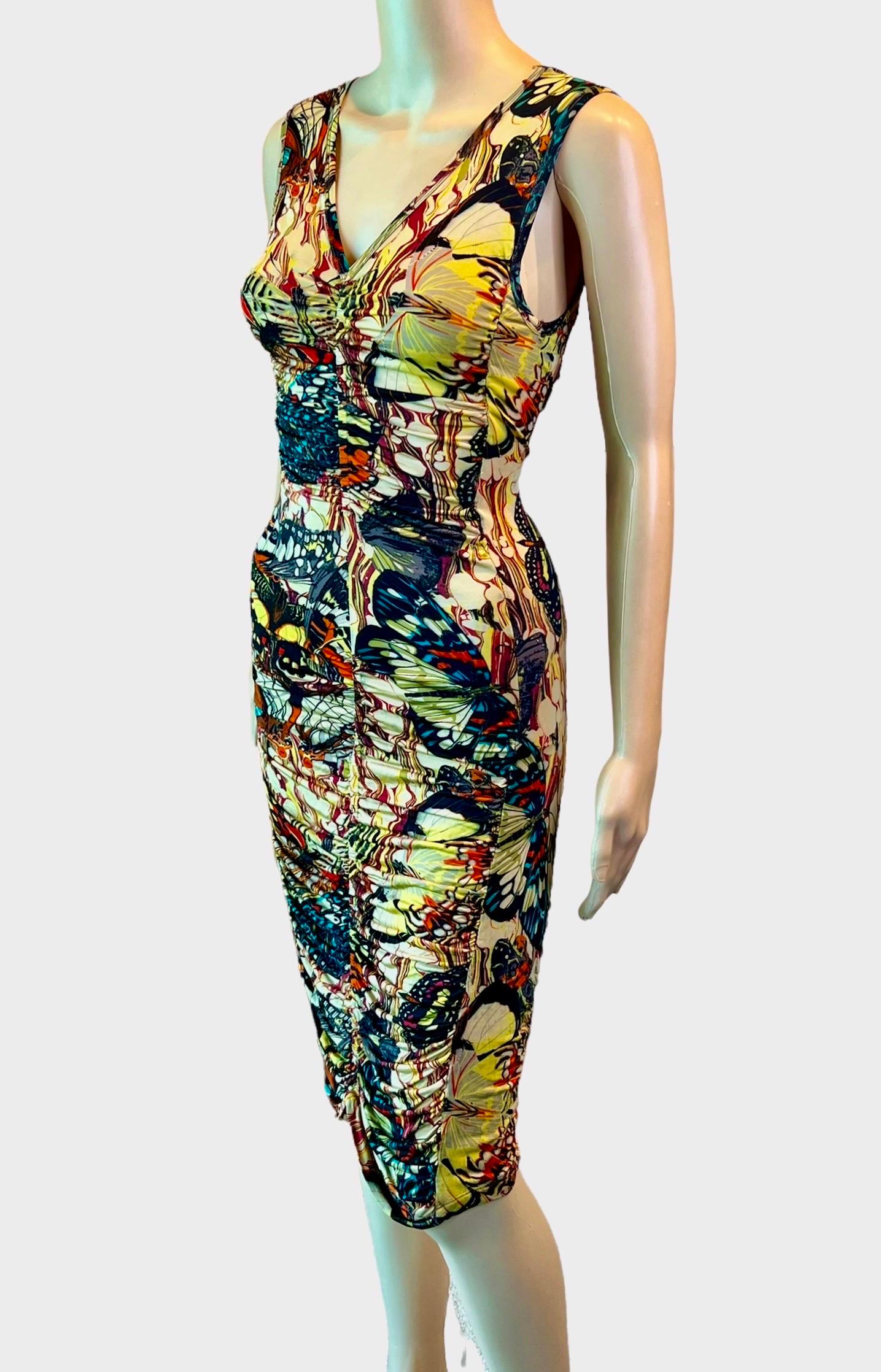 Jean Paul Gaultier Soleil S/S 2003 Butterfly Print Ruched Bodycon Mini Dress Size M