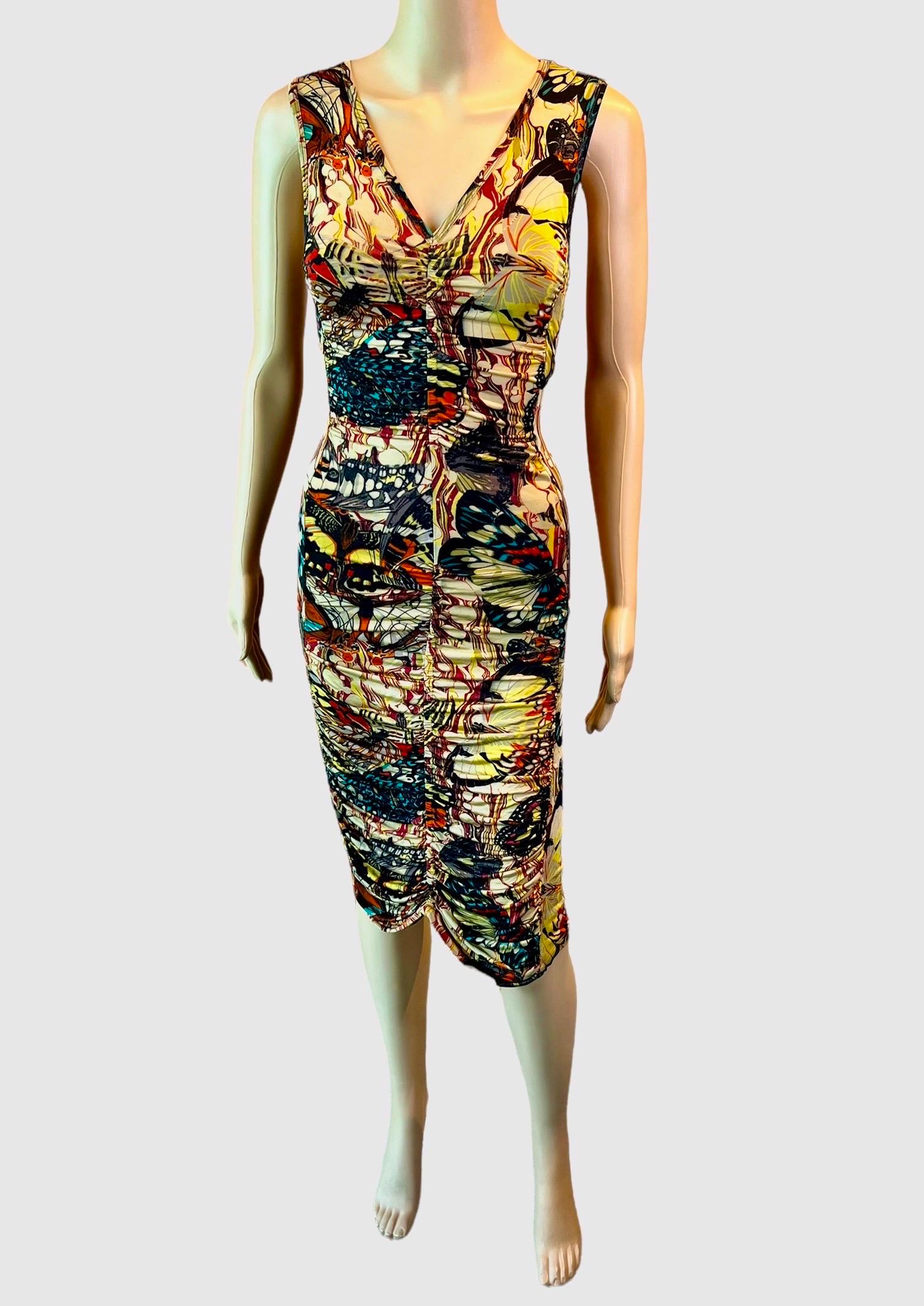 Black Jean Paul Gaultier Soleil S/S 2003 Butterfly Print Ruched Bodycon Mini Dress For Sale