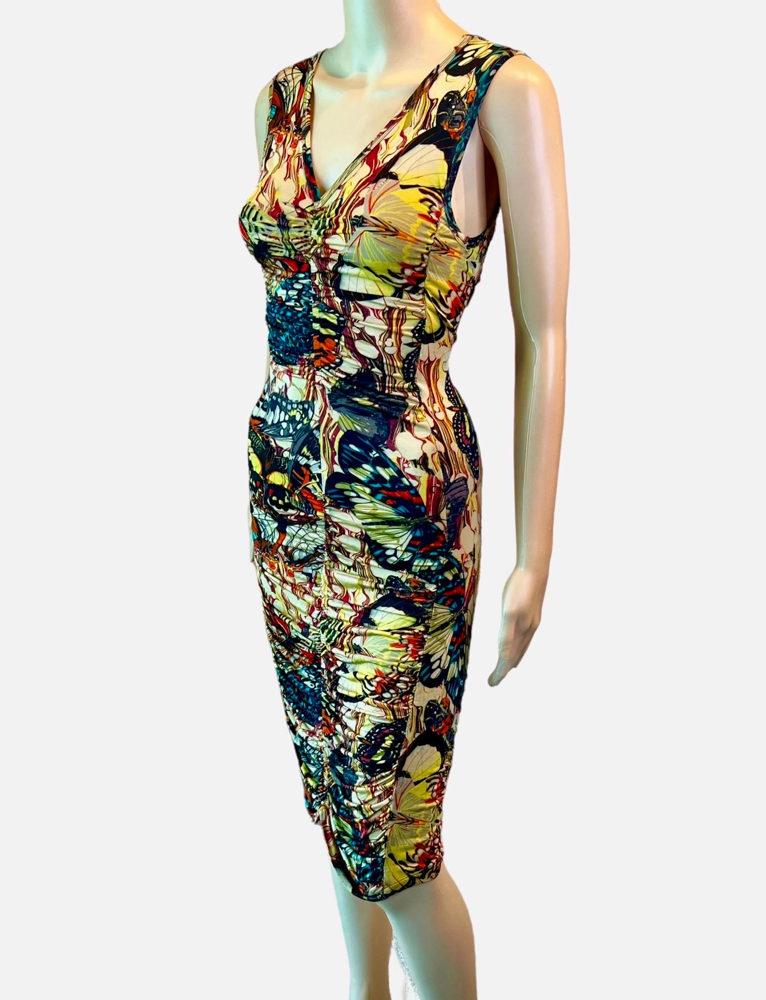 Jean Paul Gaultier Soleil S/S 2003 Butterfly Print Ruched Bodycon Mini Dress In Good Condition For Sale In Naples, FL