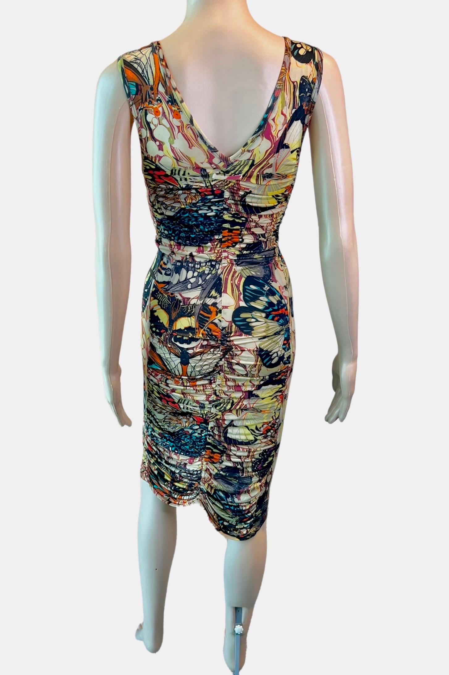 Jean Paul Gaultier Soleil S/S 2003 Butterfly Print Ruched Bodycon Mini Dress For Sale 1