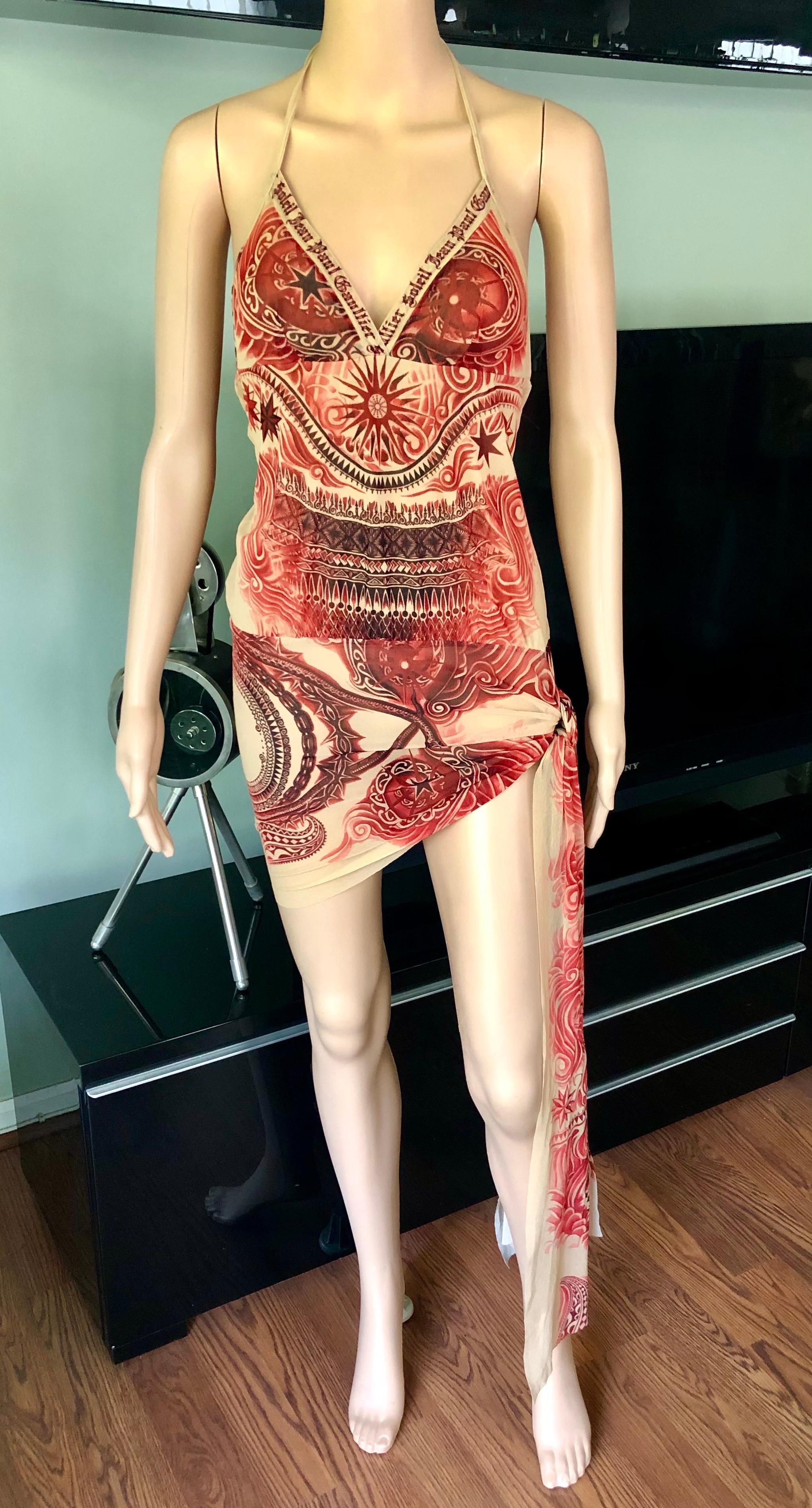 Jean Paul Gaultier Soleil S/S 2009 Tattoo Print Semi-Sheer Mesh Mini Dress Size S