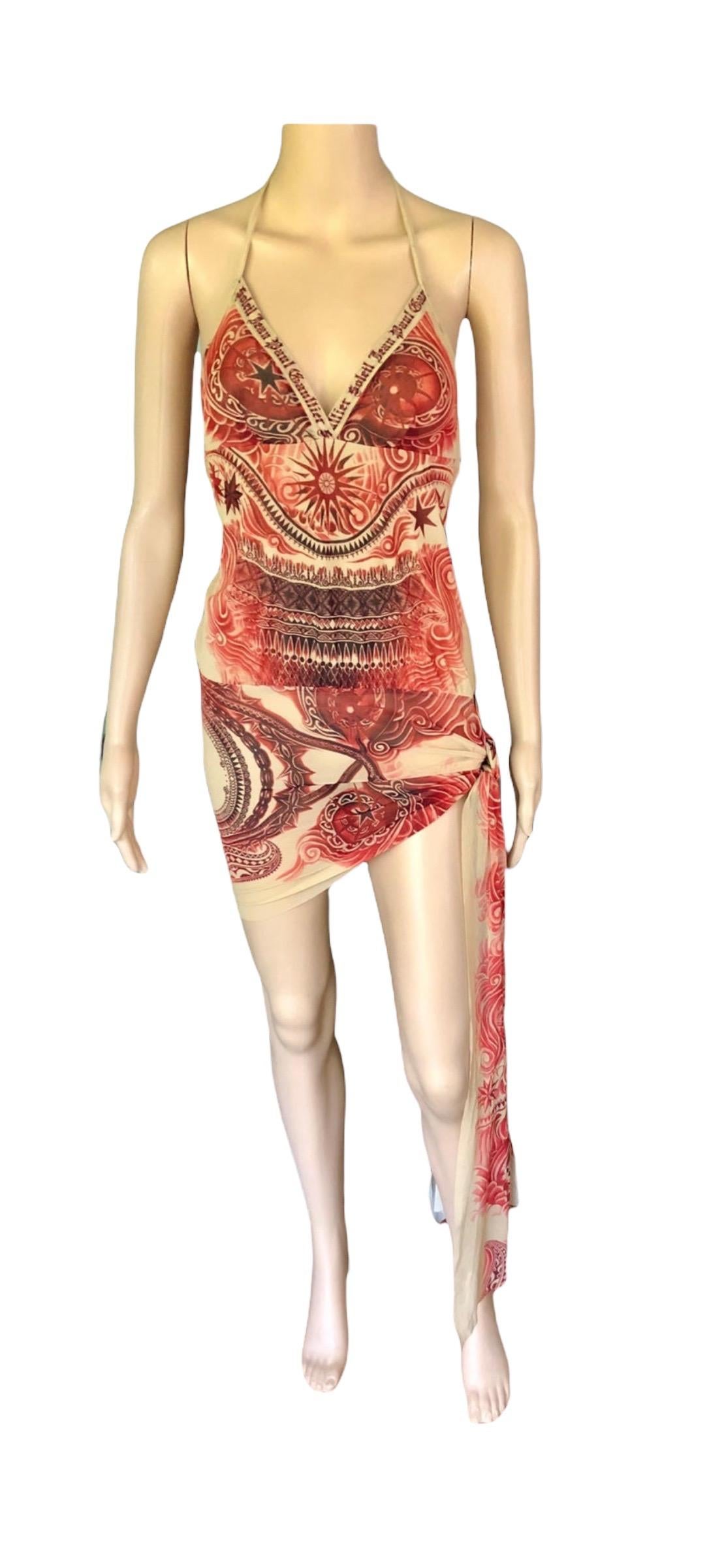 Jean Paul Gaultier Soleil S/S 2009 Tattoo Print Semi-Sheer Mesh Mini Dress In Excellent Condition In Naples, FL
