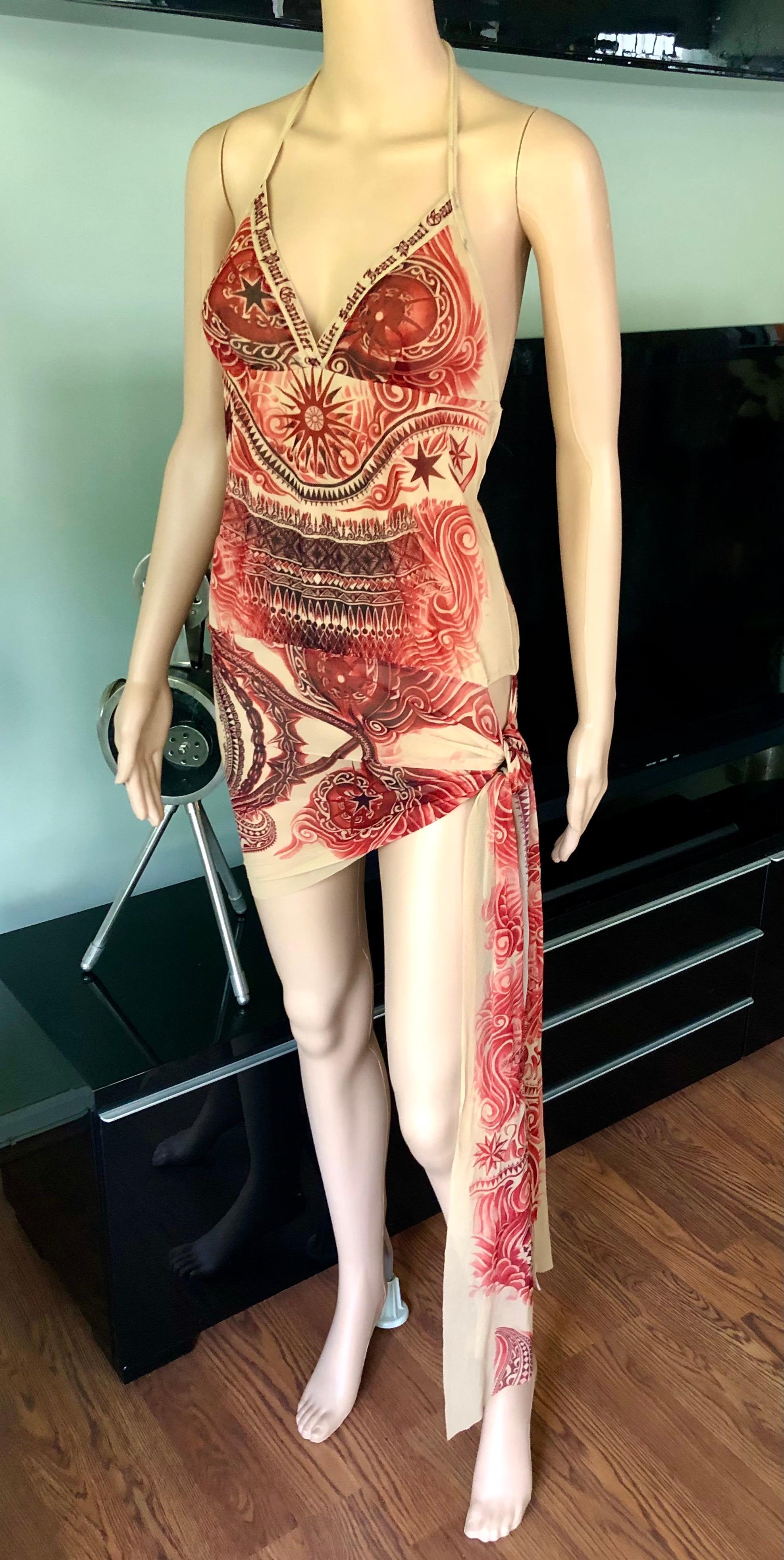 Jean Paul Gaultier Soleil S/S 2009 Tattoo Print Semi-Sheer Mesh Mini Dress In Excellent Condition In Naples, FL