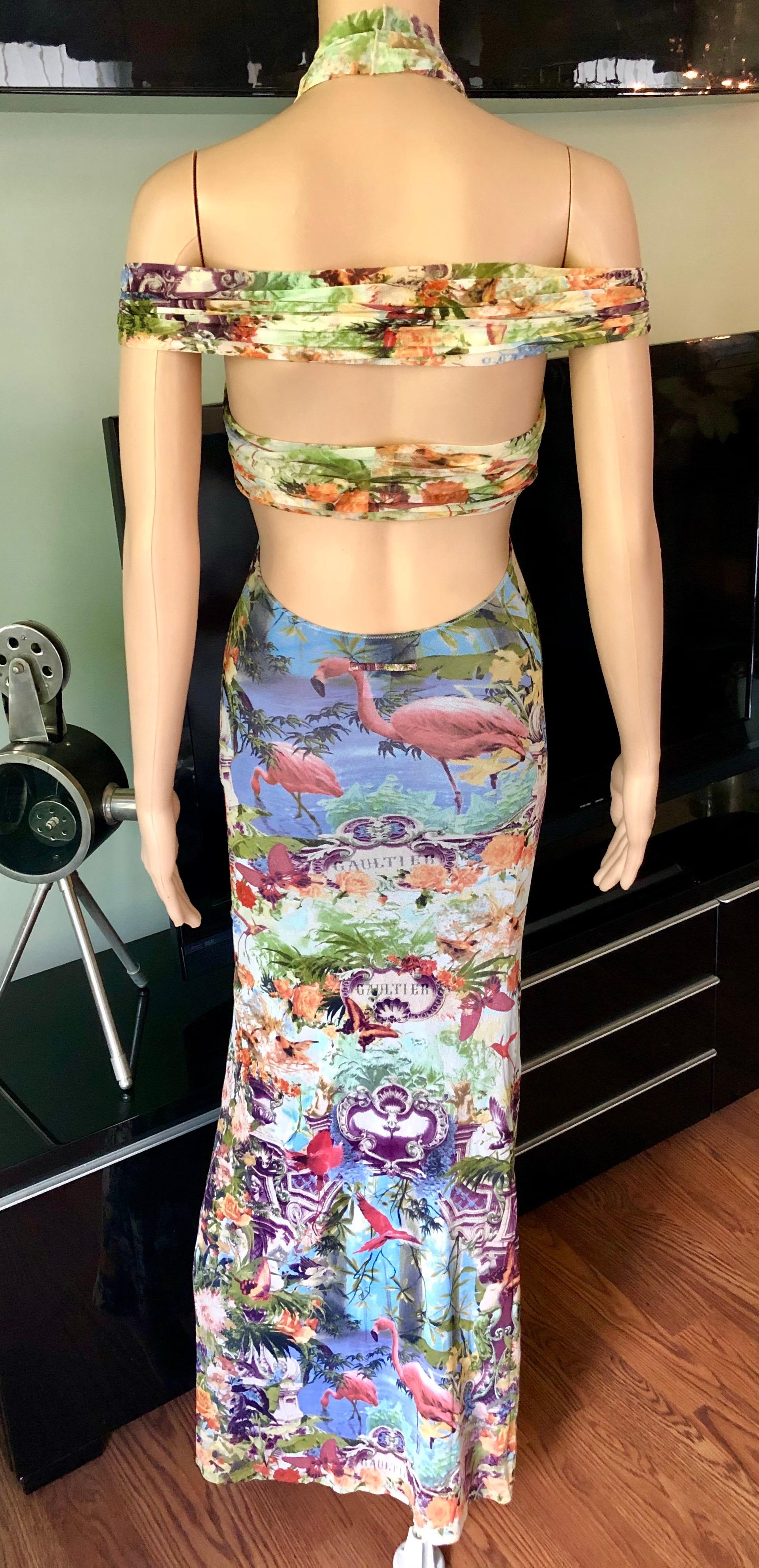Jean Paul Gaultier Soleil S/S1999 Flamingo Tropical Print Cutout Mesh Maxi Dress For Sale 6