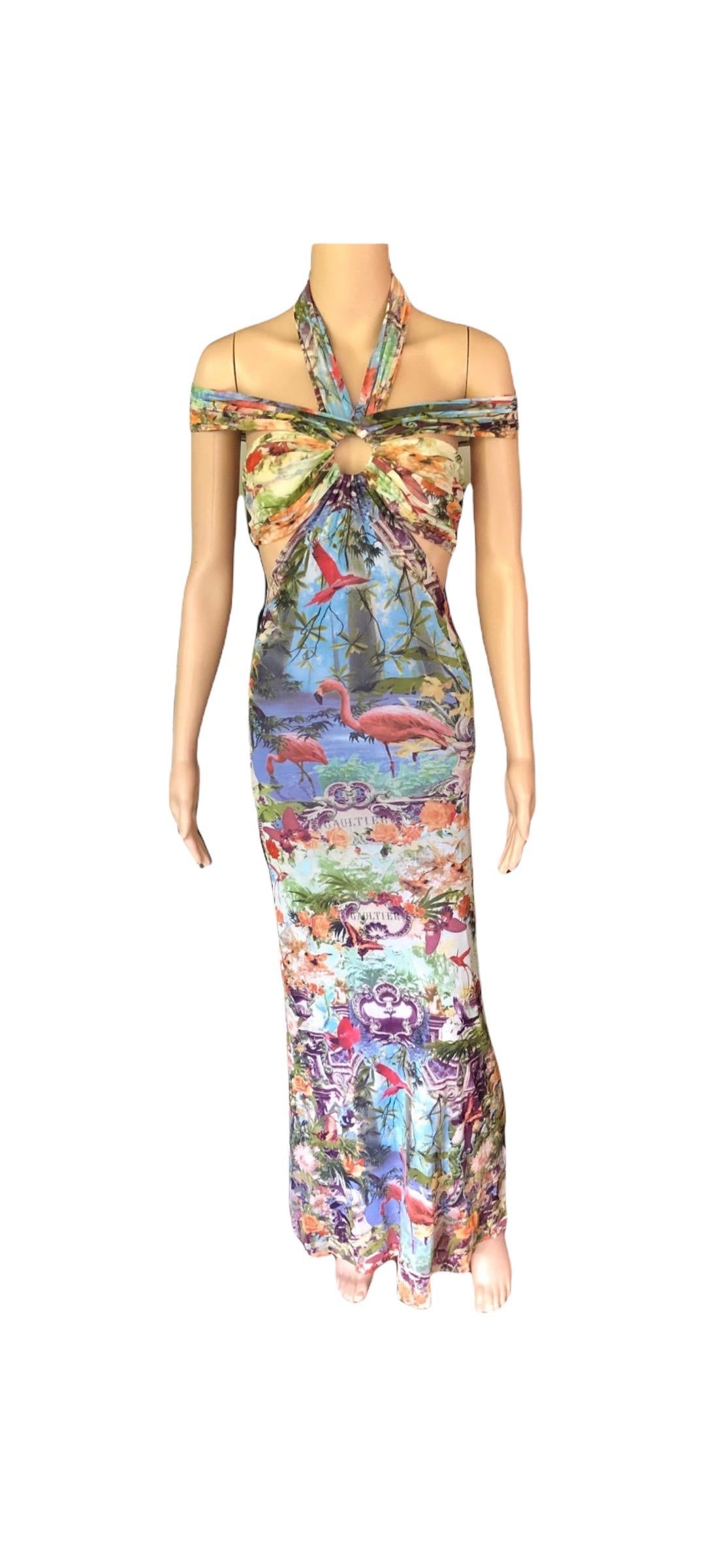Jean Paul Gaultier Soleil S/S1999 Flamingo Tropical Print Cutout Mesh Maxi Dress For Sale 9