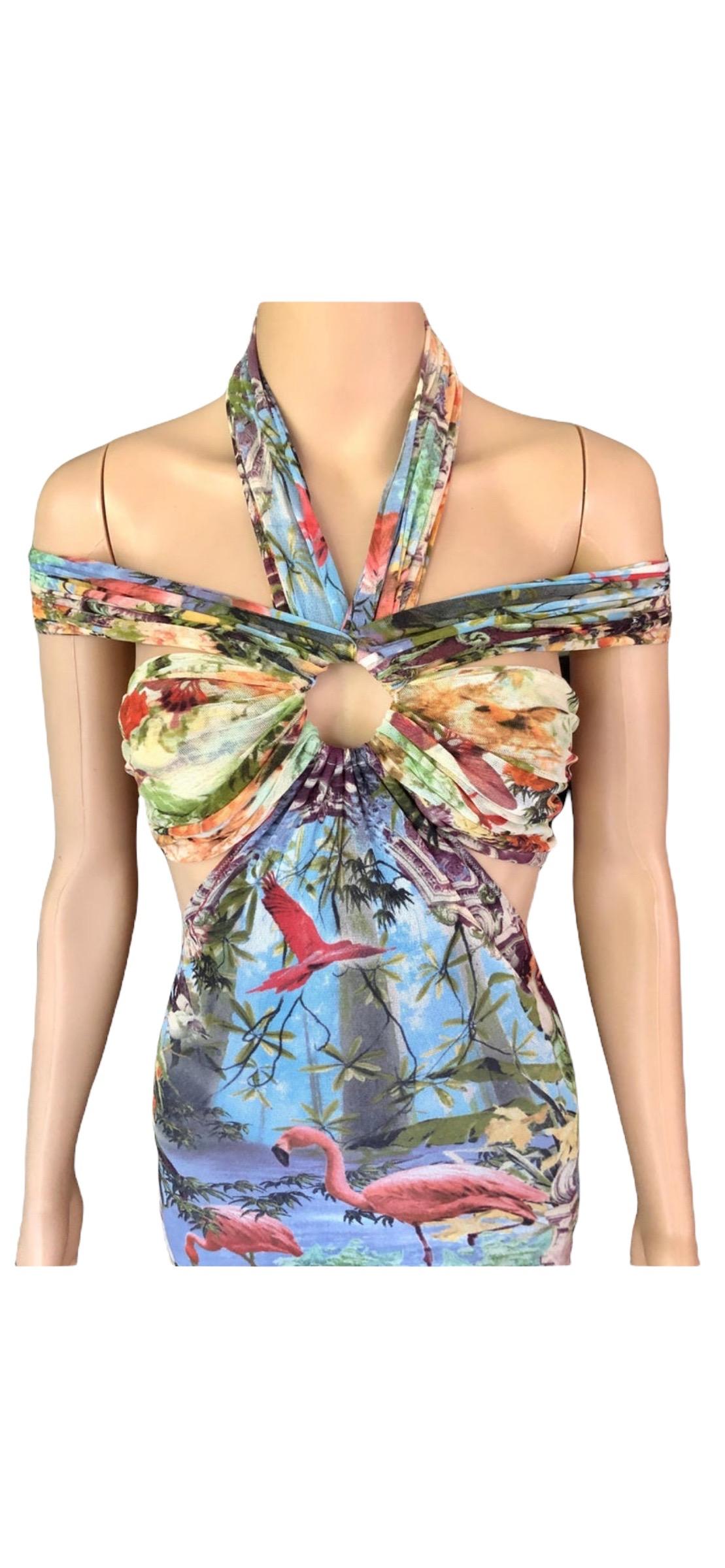 Jean Paul Gaultier Soleil S/S1999 Flamingo Tropical Print Cutout Mesh Maxi Dress For Sale 10