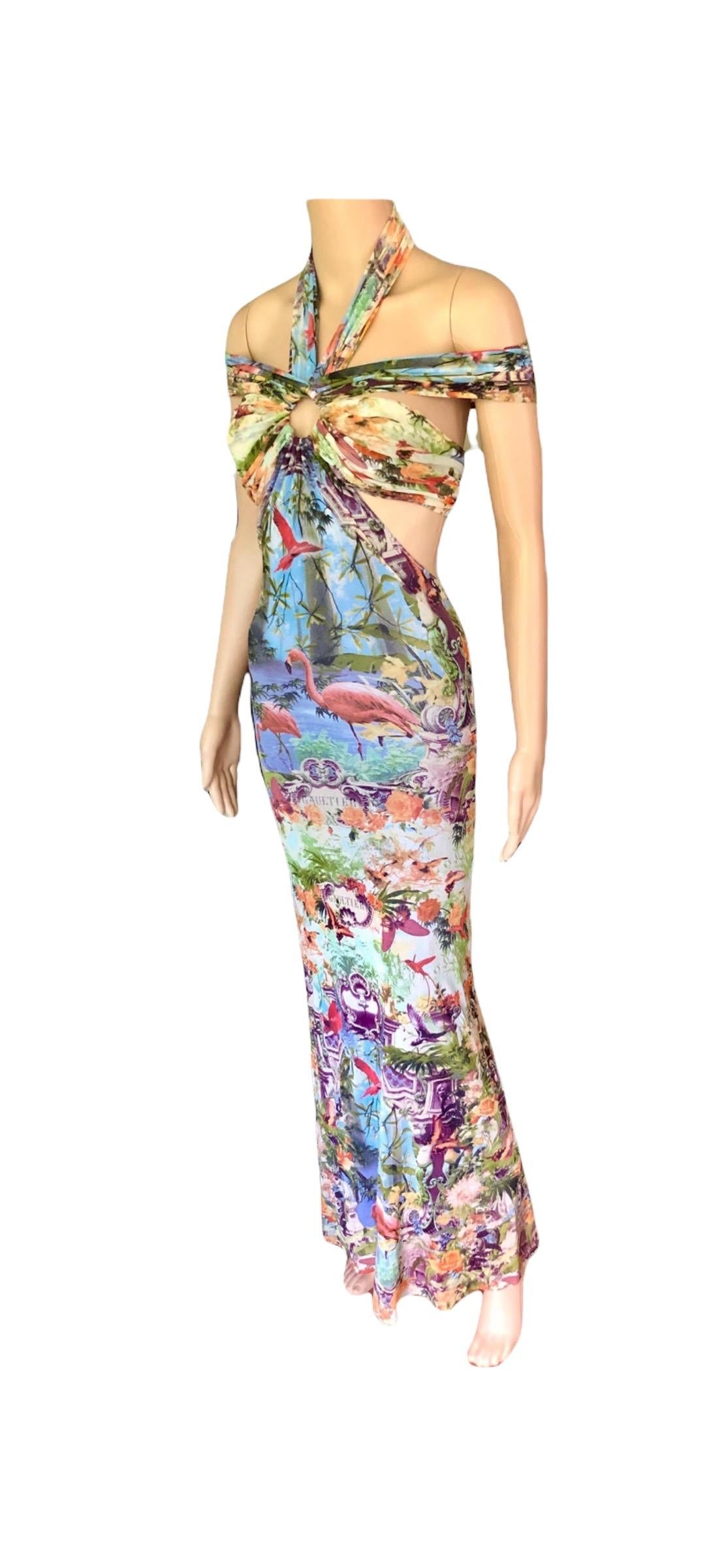 Jean Paul Gaultier Soleil S/S1999 Flamingo Tropical Print Cutout Mesh Maxi Dress For Sale 11