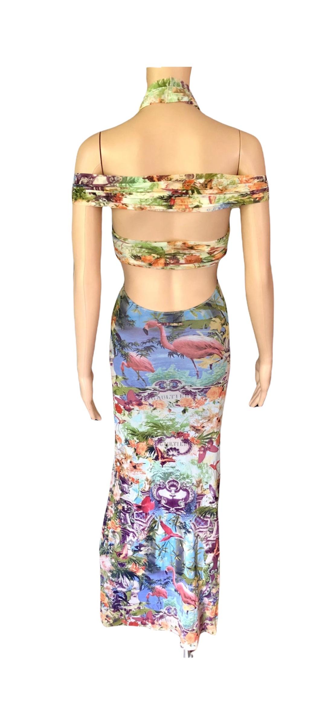 Jean Paul Gaultier Soleil S/S1999 Flamingo Tropical Print Cutout Mesh Maxi Dress For Sale 16