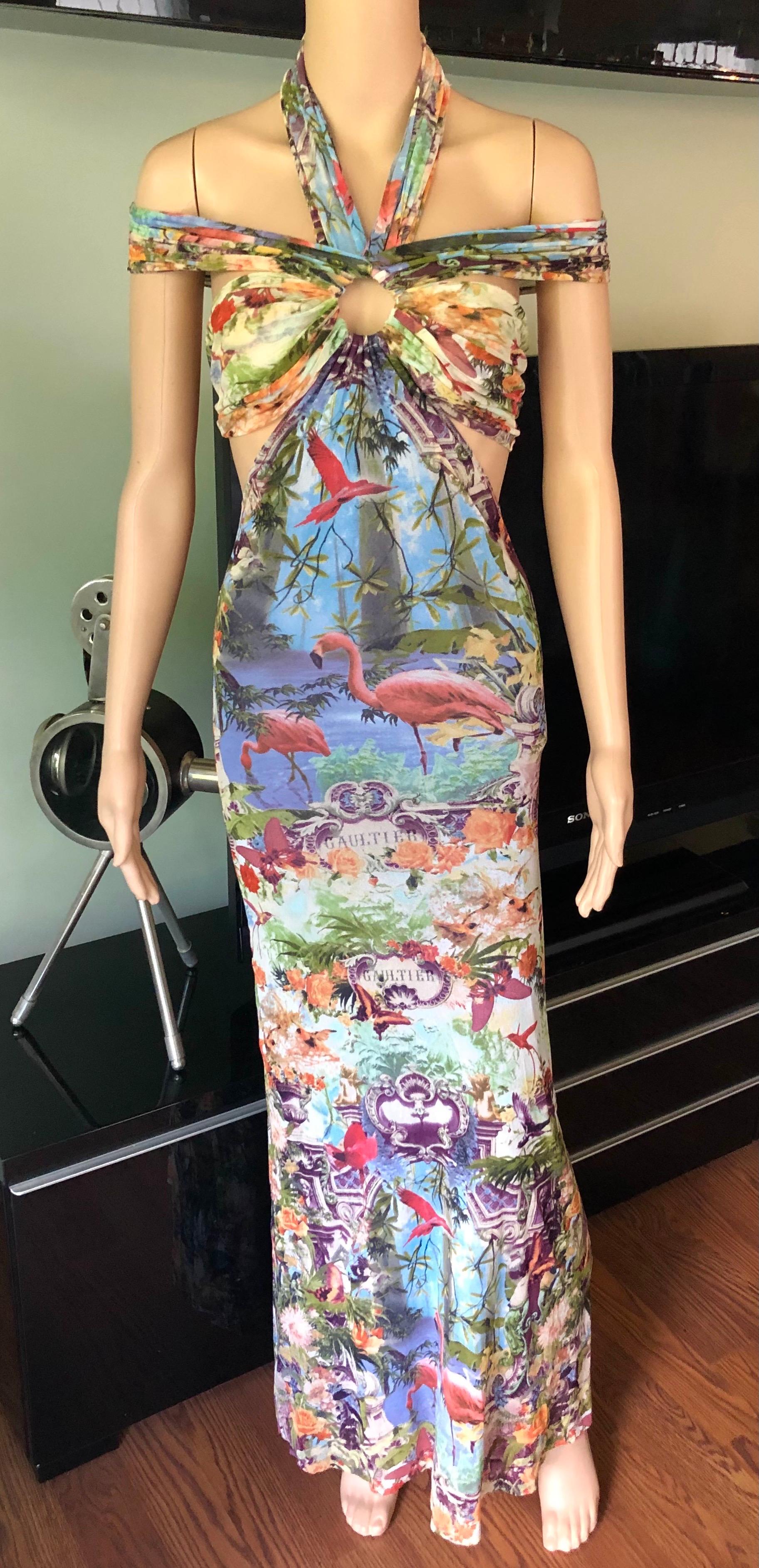 Jean Paul Gaultier Soleil S/S1999 Flamingo Tropical Print Cutout Mesh Maxi Dress In Excellent Condition For Sale In Naples, FL