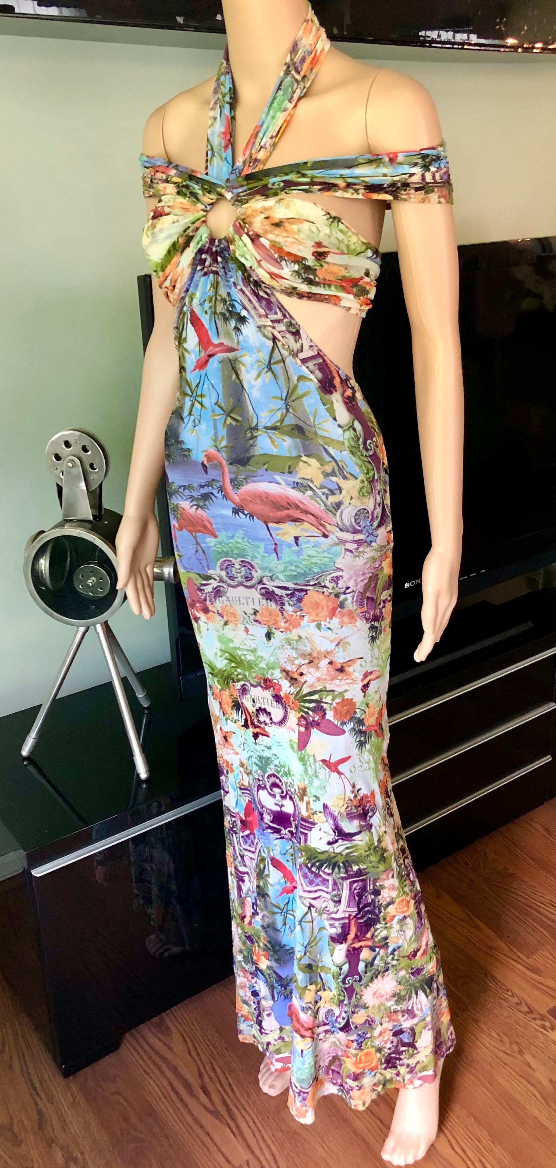 Jean Paul Gaultier Soleil S/S1999 Flamingo Tropical Print Cutout Mesh Maxi Dress For Sale 1