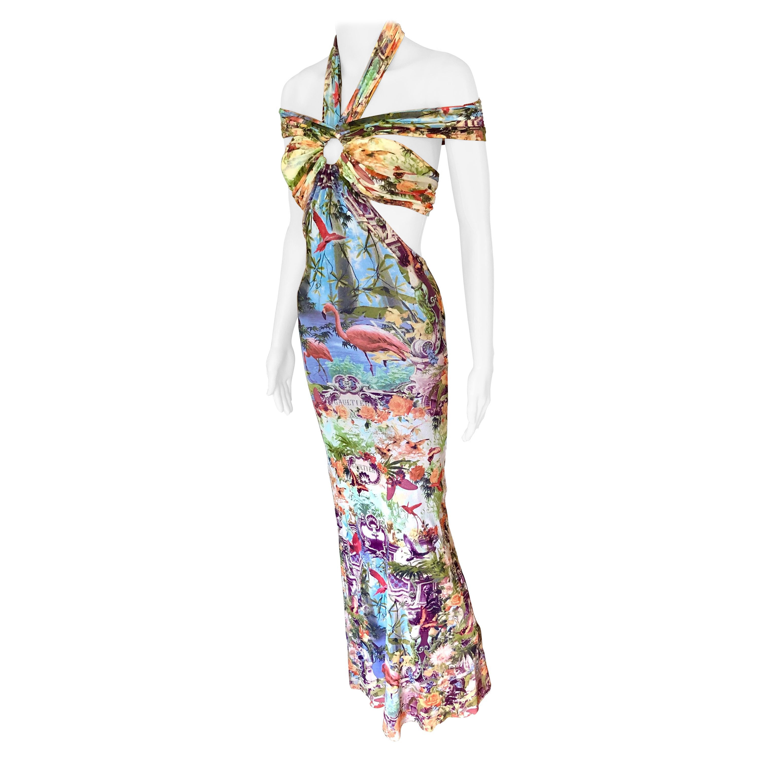 Jean Paul Gaultier Soleil S/S1999 - Robe longue en maille avec découpes imprimées tropicales flamants