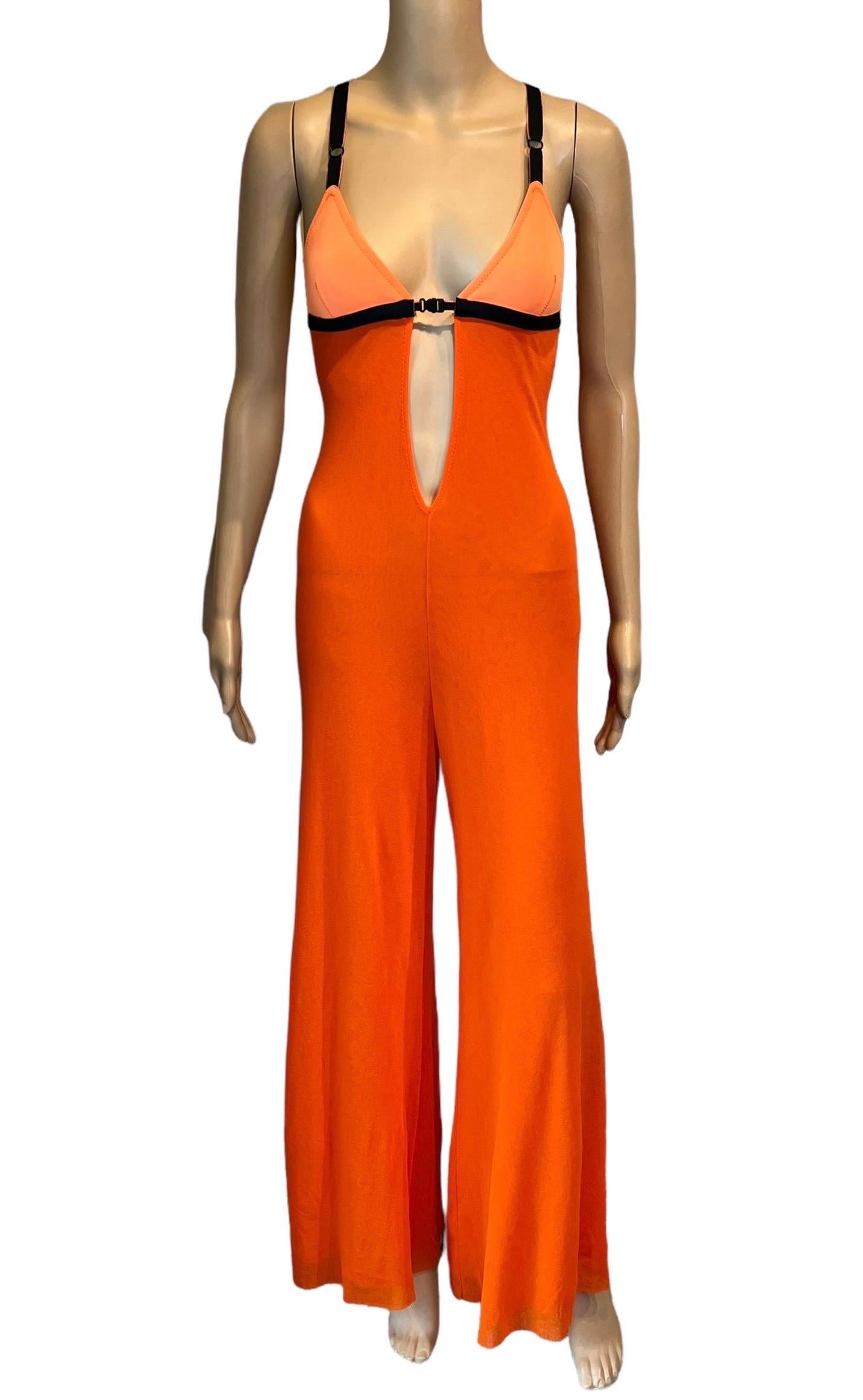 Jean Paul Gaultier Soleil Sheer 2 Ply Mesh Neoprene Bra Cutout Neon Romper Jumpsuit Taille S