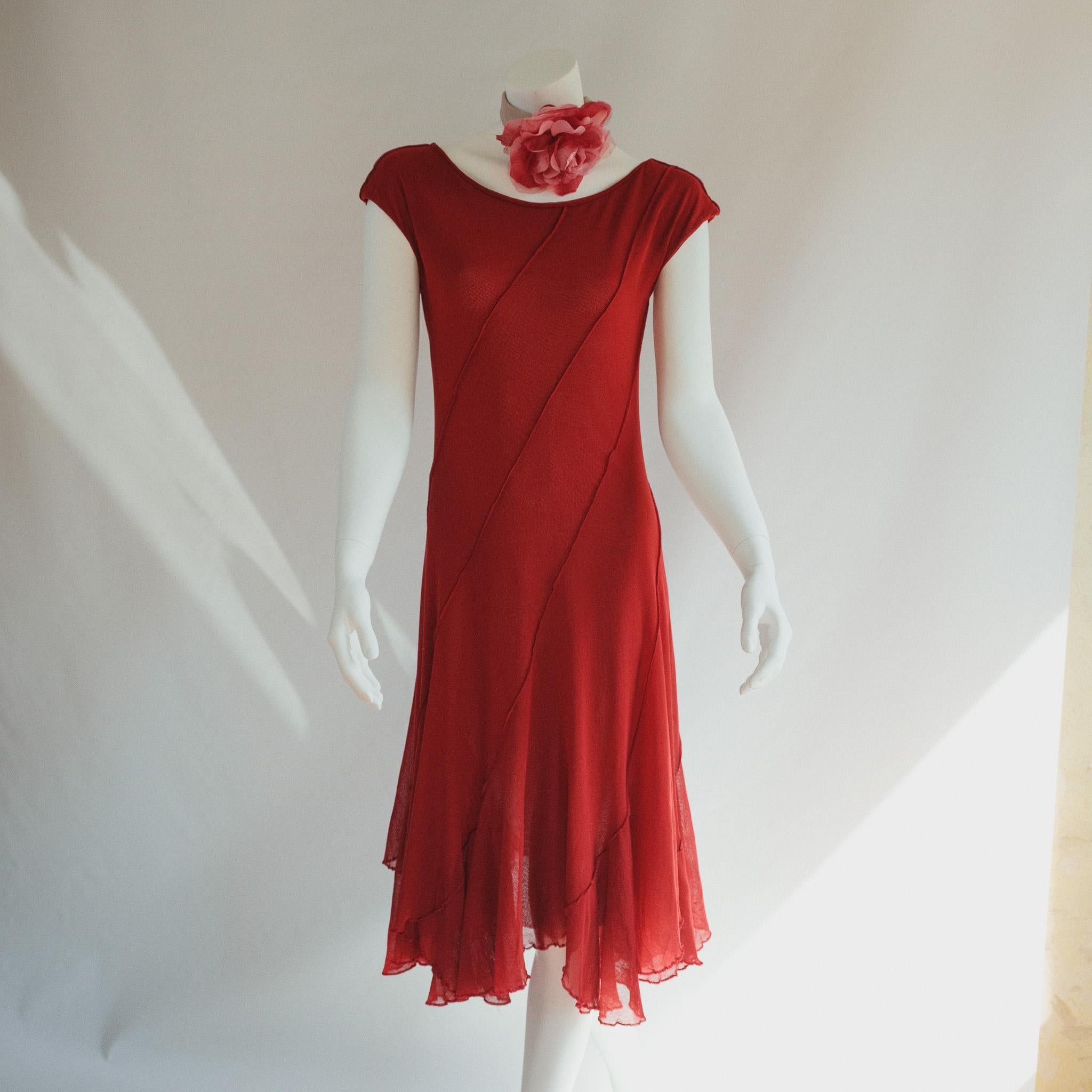 Jean Paul Gaultier Soleil Shift Dress Mesh Red 
Dress Deep burgundy red, semi sheer and midi finish. 
Yum 

Tag size S but is super flexible due to fabric and cut 
Pictured on size 6 5’5 and 14 with EE bust 
Good fit on 6-14 depending on desired fit