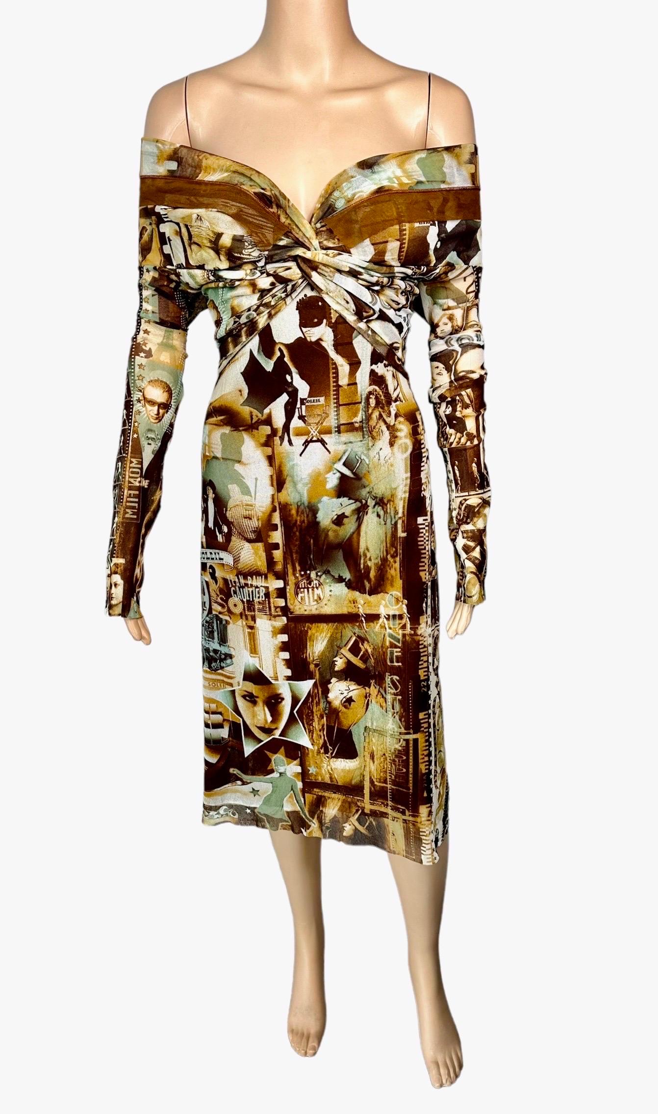 Jean Paul Gaultier Soleil S/S 1999 Non porté Logo Film Print Off Shoulder Mesh Midi Dress Size L