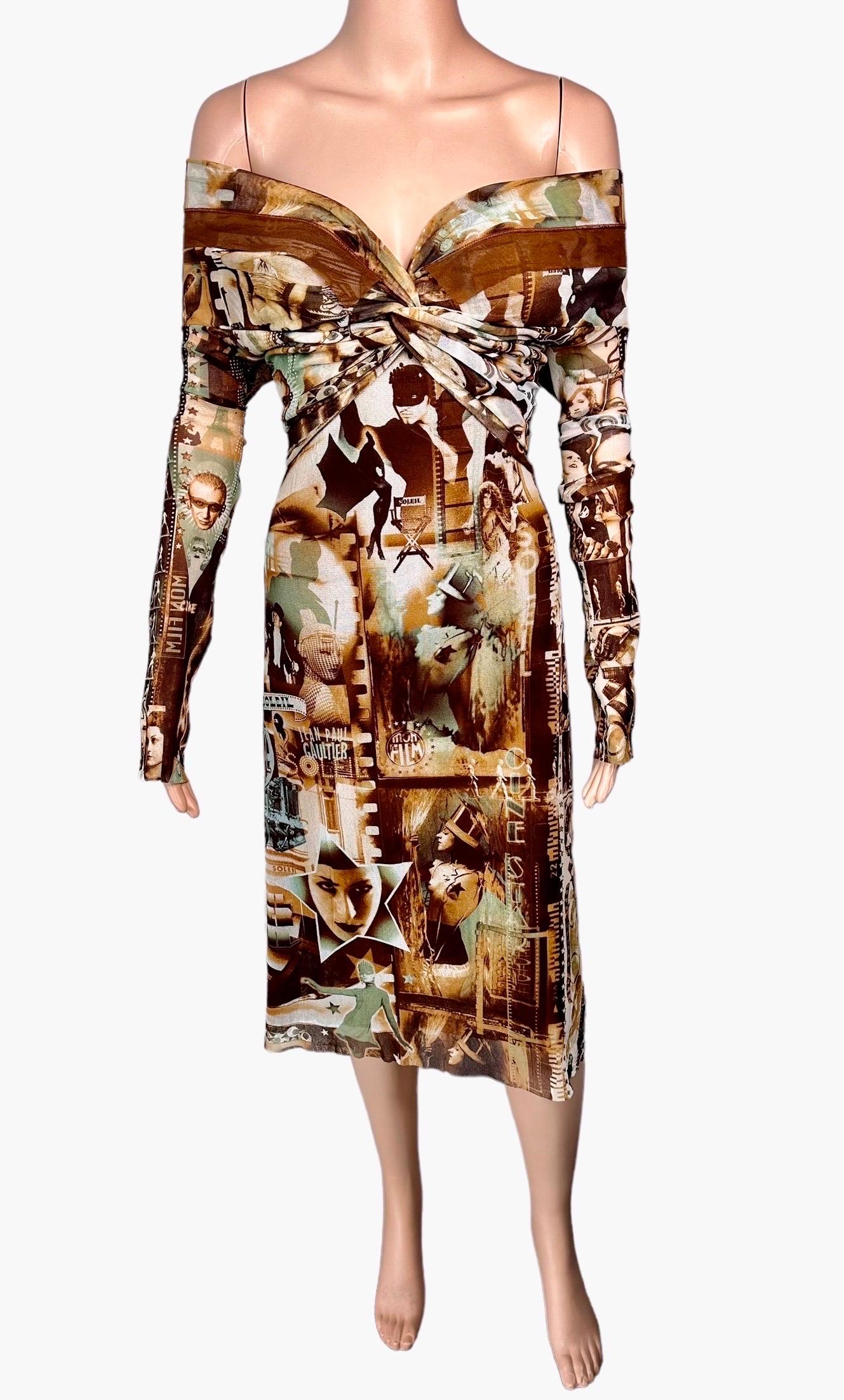 Brown Jean Paul Gaultier Soleil SS 1999 Unworn Logo Film Print Off Shoulder Mesh Dress For Sale