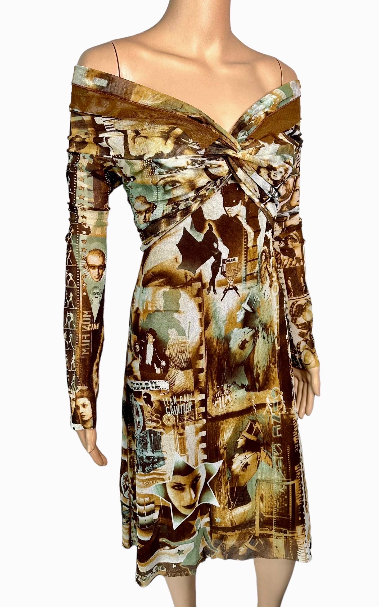 Jean Paul Gaultier Soleil SS 1999 Unworn Logo Film Print Off Shoulder Mesh Dress In New Condition For Sale In Naples, FL