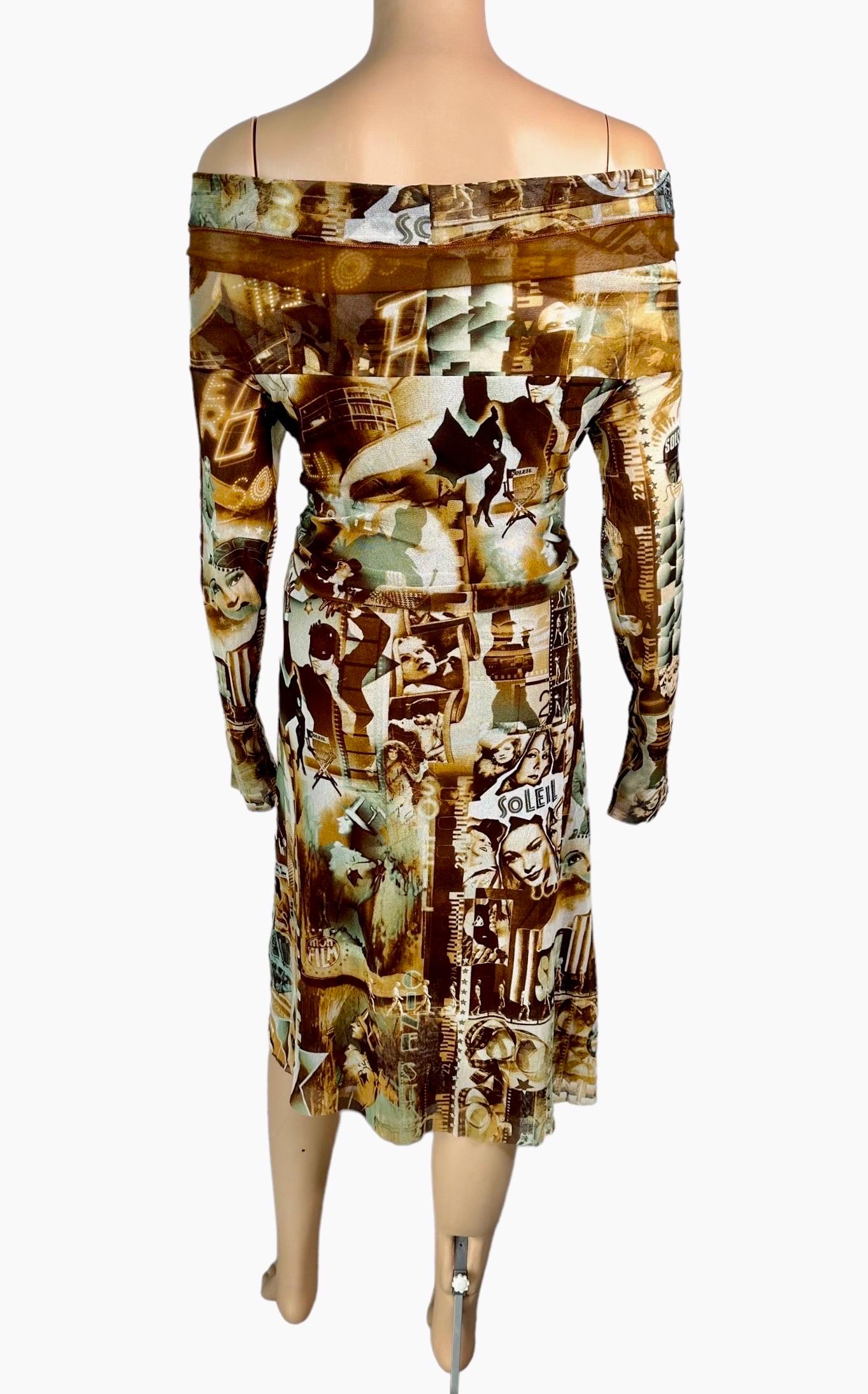 Jean Paul Gaultier Soleil SS 1999 Unworn Logo Film Print Off Shoulder Mesh Dress For Sale 1