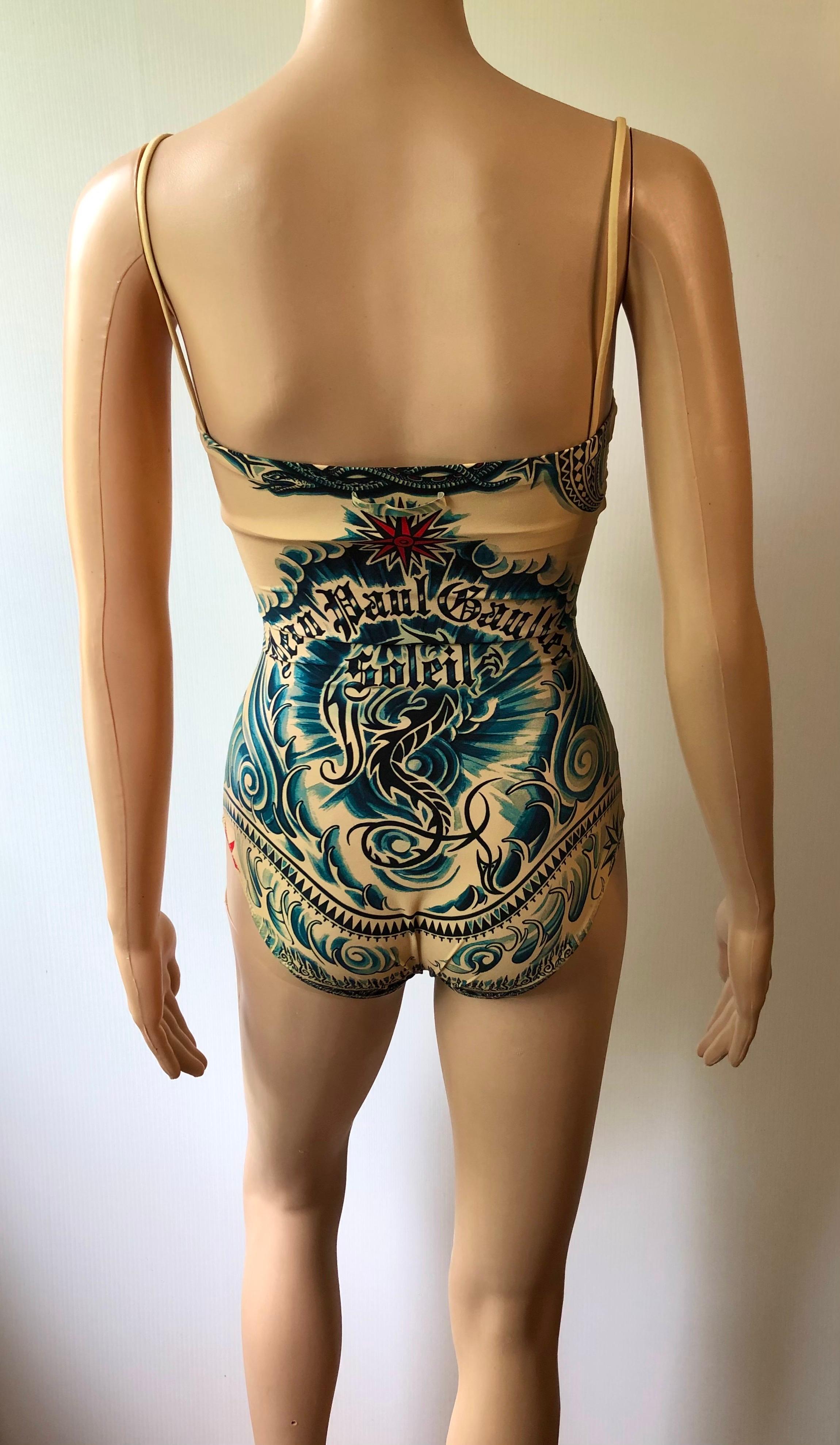 Brown Jean Paul Gaultier Soleil Tattoo Print Bodysuit Swimwear Swimsuit