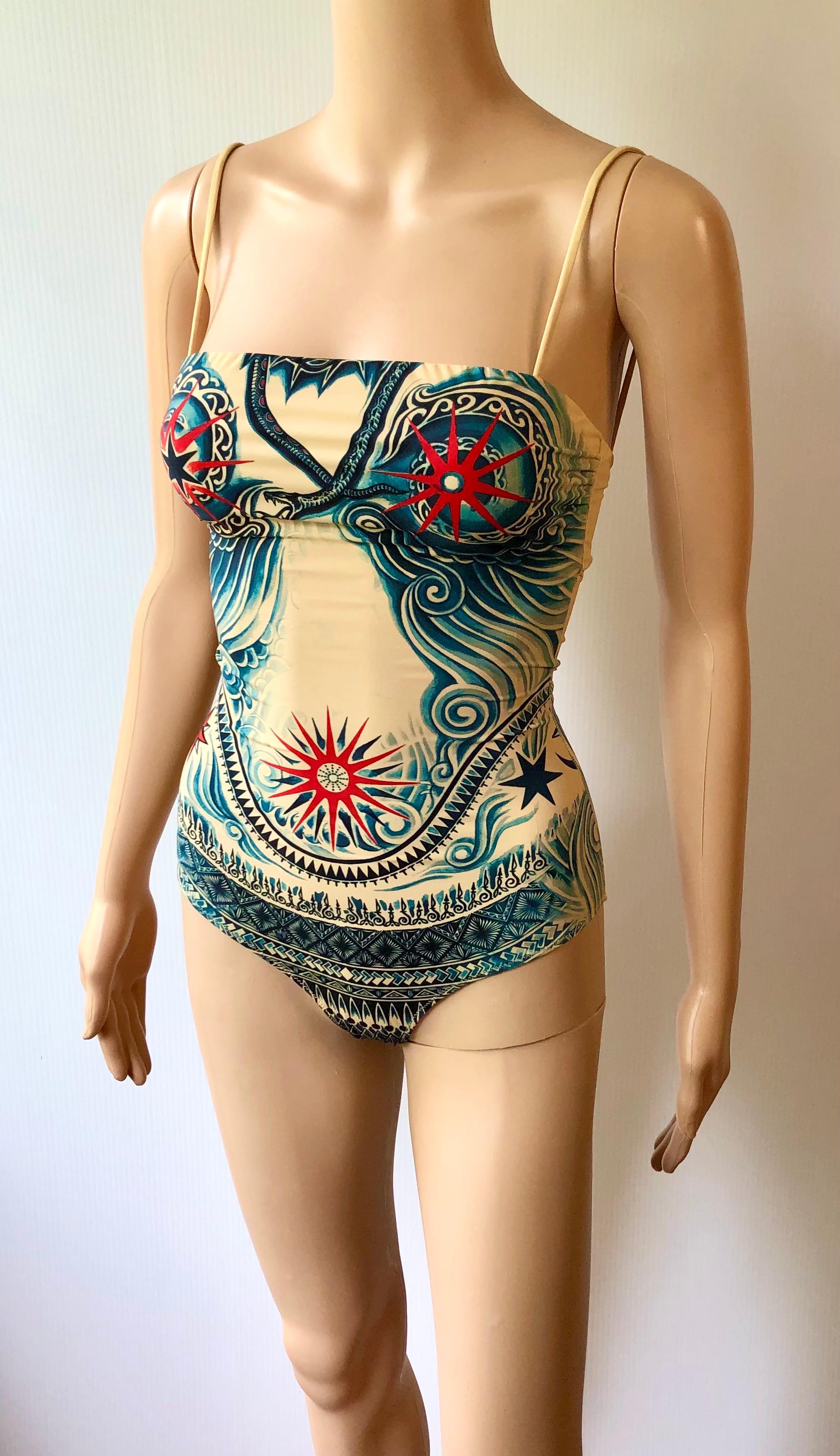 Jean Paul Gaultier Soleil Tattoo Print Bodysuit Swimwear Swimsuit In Excellent Condition In Naples, FL