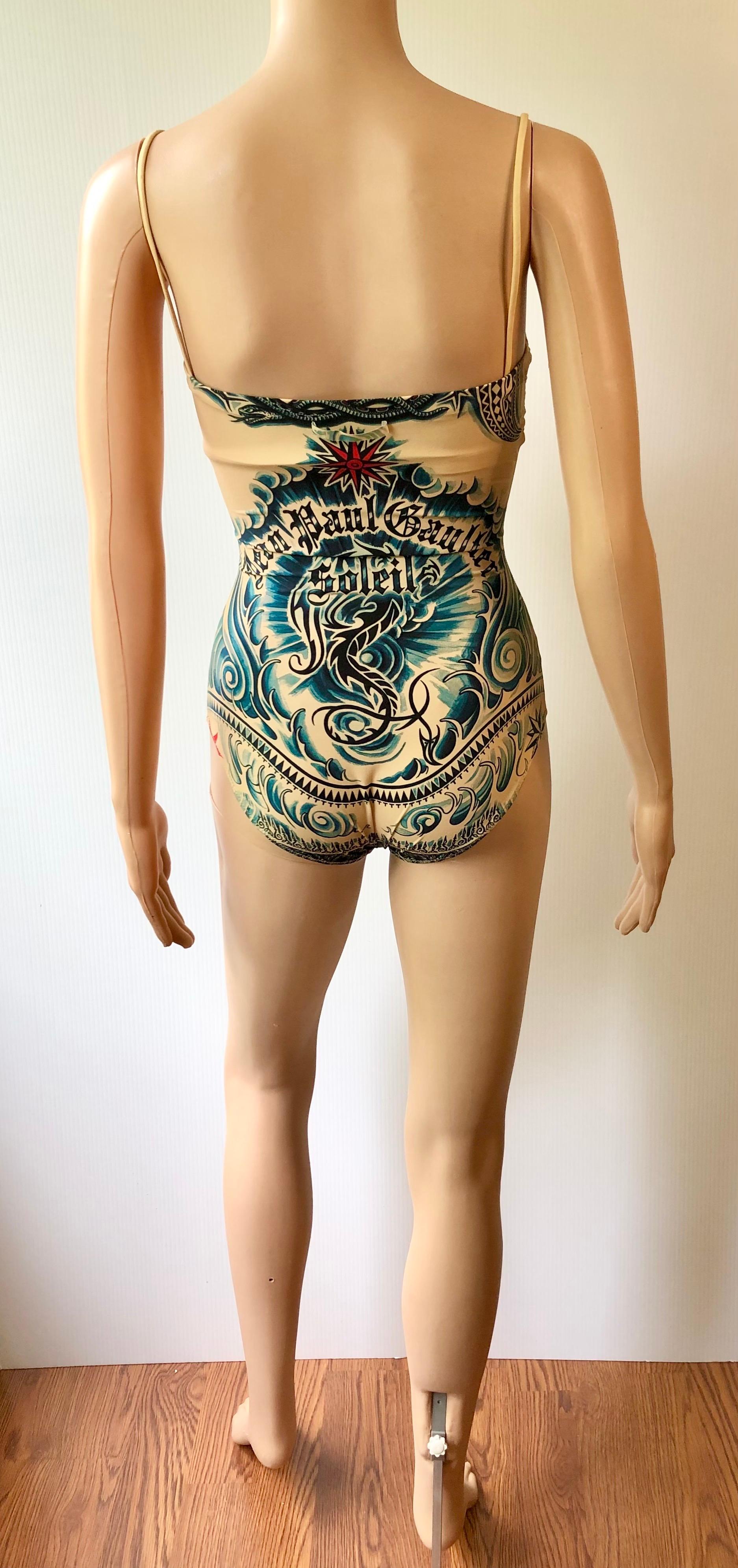 Women's Jean Paul Gaultier Soleil Tattoo Print Bodysuit Swimwear Swimsuit