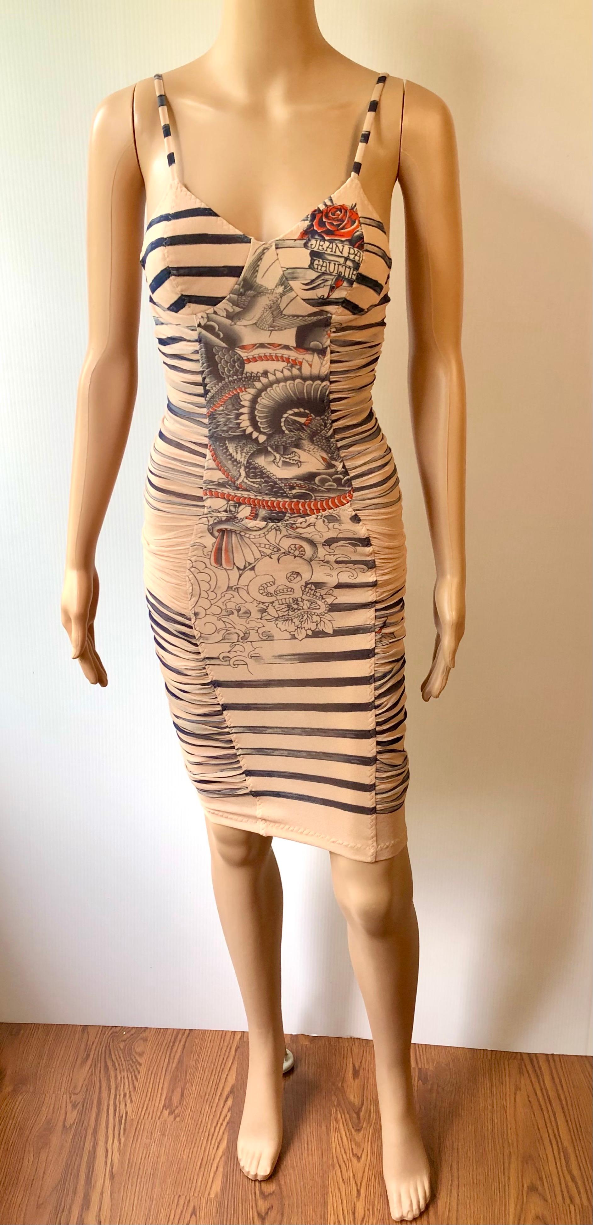 Jean Paul Gaultier Soleil Tattoo Print Semi-Sheer Mesh Ruched Bodycon Dress Size XS