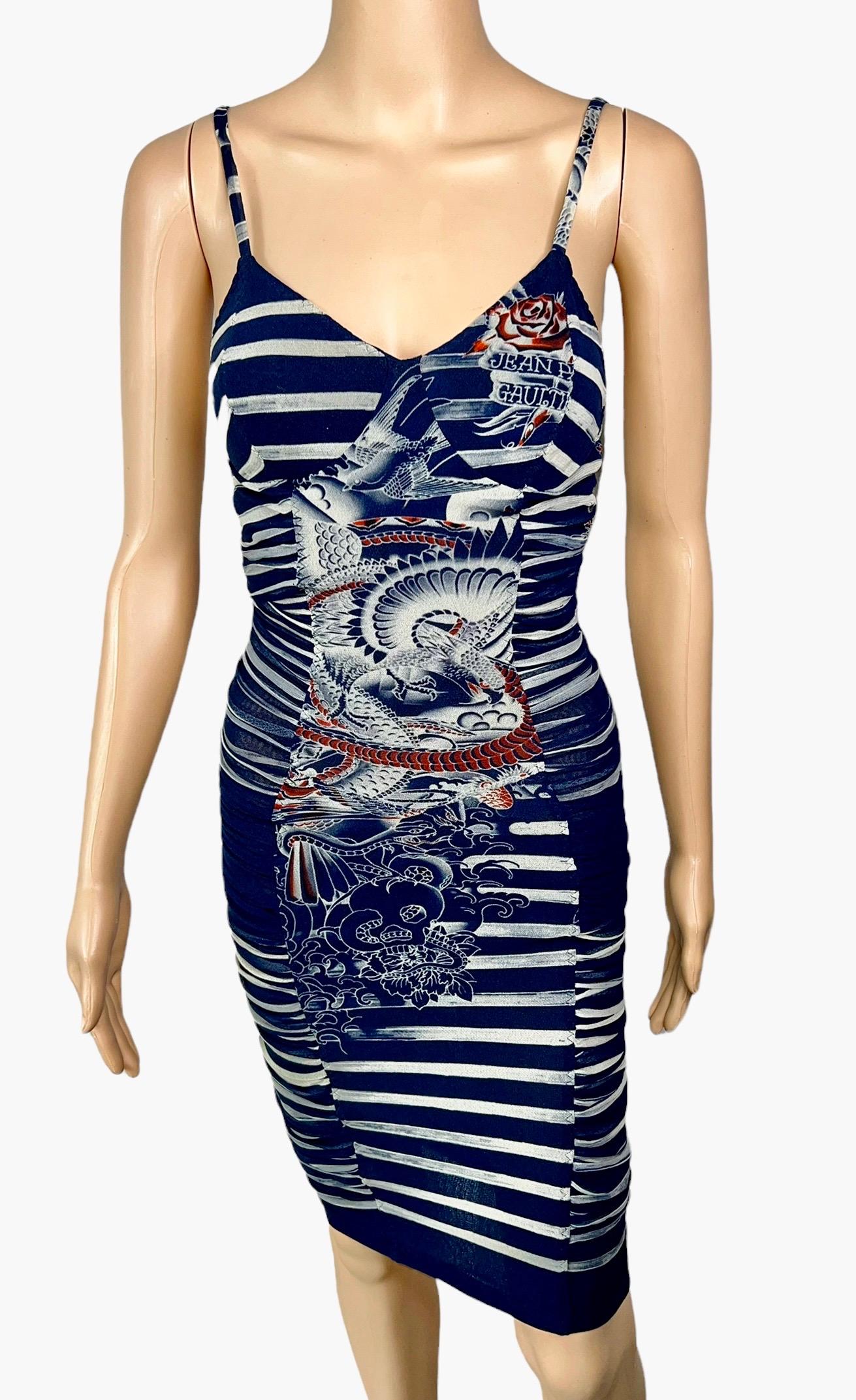 Jean Paul Gaultier Soleil Tattoo Print Semi-Sheer Mesh Ruched Bodycon Dress Size S