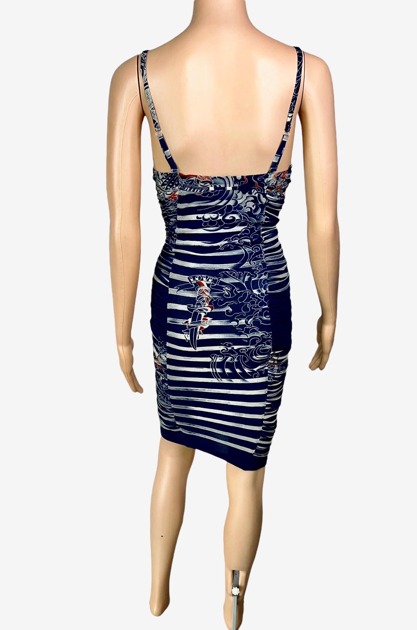 Jean Paul Gaultier Soleil S/S 2012 Tattoo Print Semi-Sheer Mesh Bodycon Dress In Excellent Condition In Naples, FL