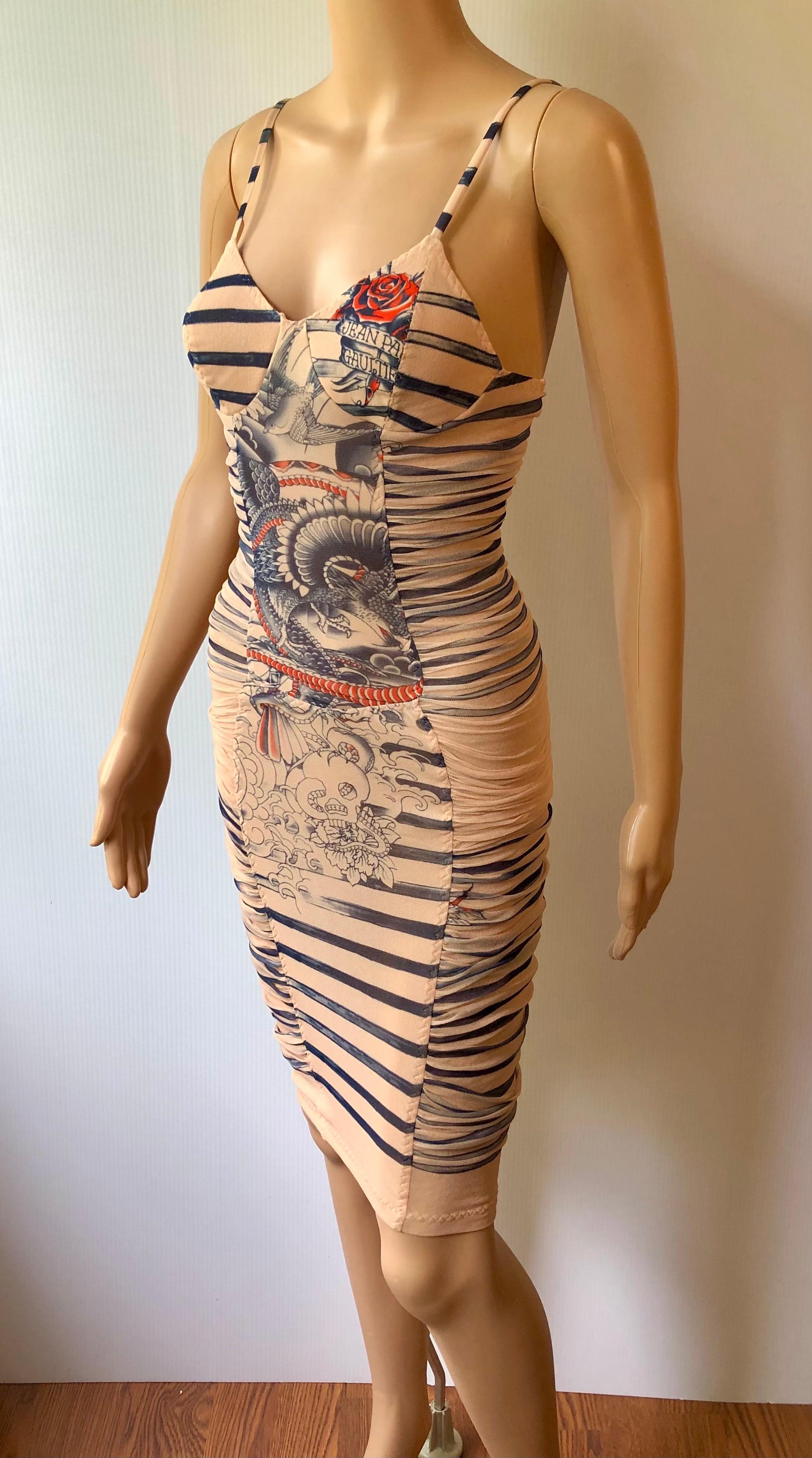 Jean Paul Gaultier Soleil S/S 2012 Tattoo Print Semi-Sheer Mesh Bodycon Dress In Excellent Condition In Naples, FL