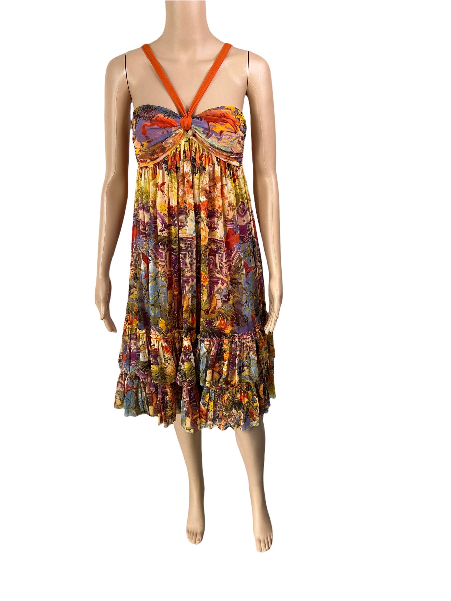 Jean Paul Gaultier Soleil Tropical Flamingo Print Halter Ruffled Mesh Dress Size M