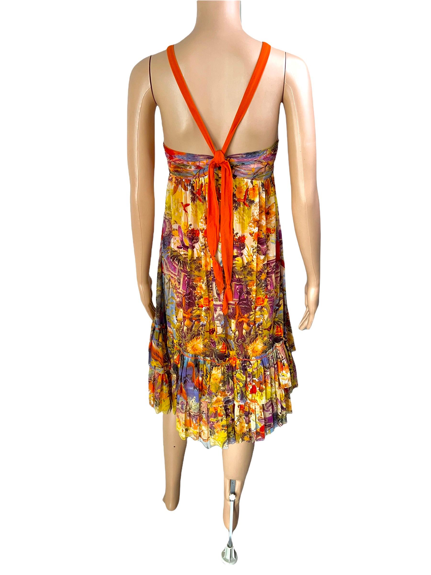Beige Jean Paul Gaultier Soleil Tropical Flamingo Print Halter Ruffled Dress For Sale