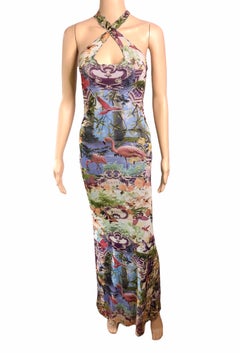 Jean Paul Gaultier Soleil S/S 1999 Tropical Flamingo Semi-Sheer Mesh Maxi Dress