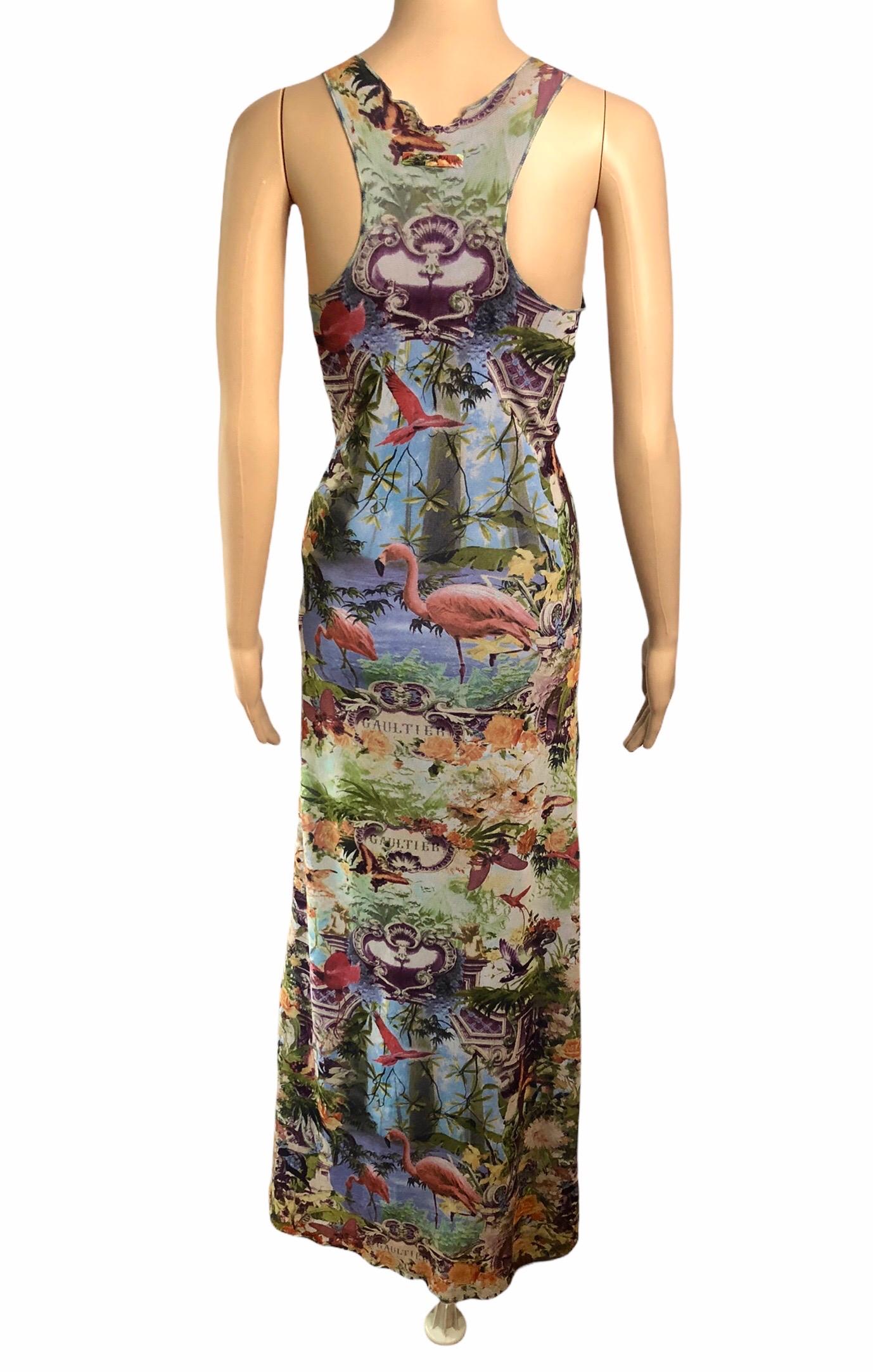 Jean Paul Gaultier Soleil S/S 1999 Tropical Flamingo Semi-Sheer Mesh Maxi Dress In Good Condition For Sale In Naples, FL