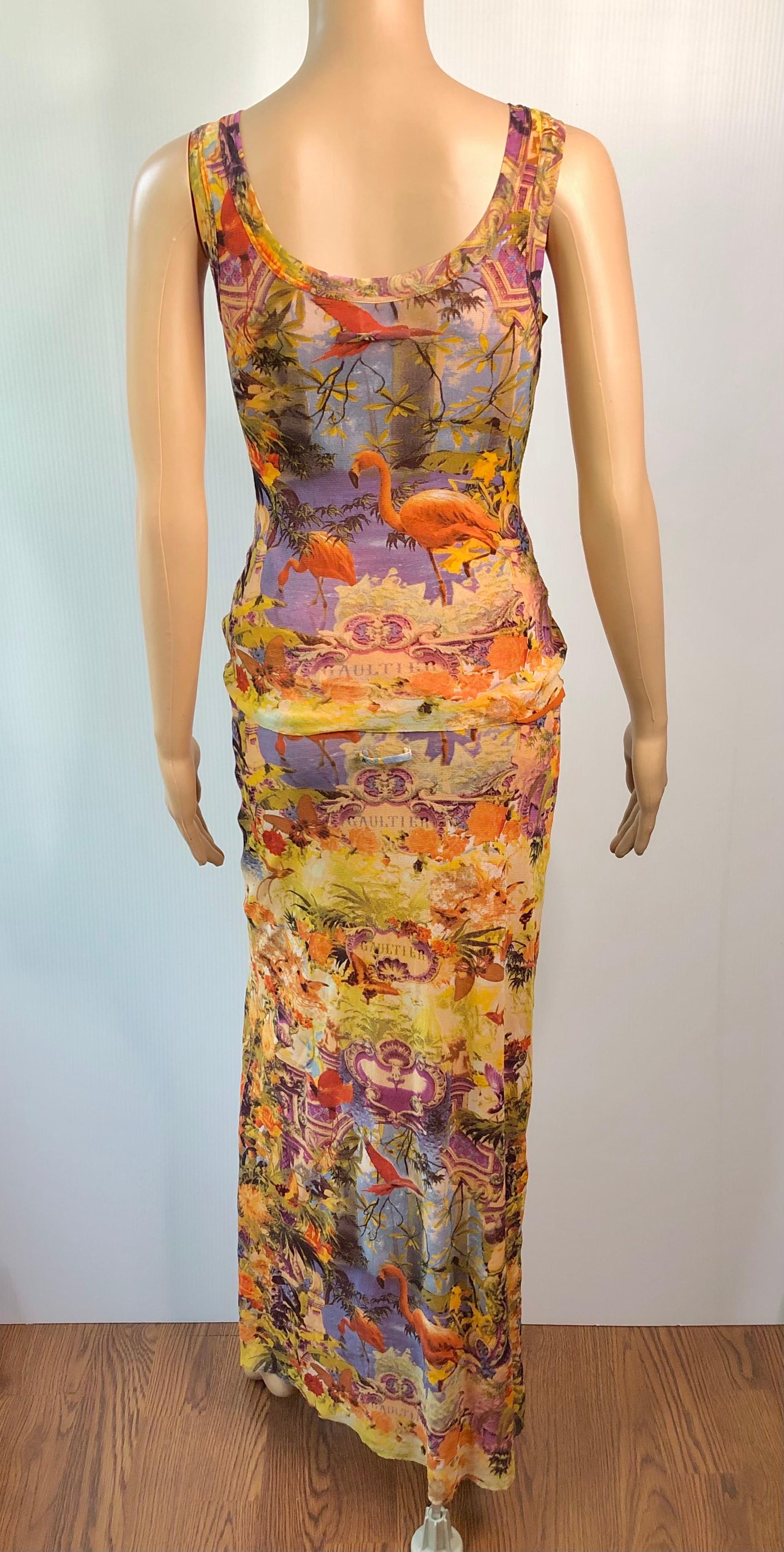 Jean Paul Gaultier Soleil Tropical Flamingo Print Sheer Mesh Top & Maxi Skirt Suit Ensemble 2 Piece Set Size S

