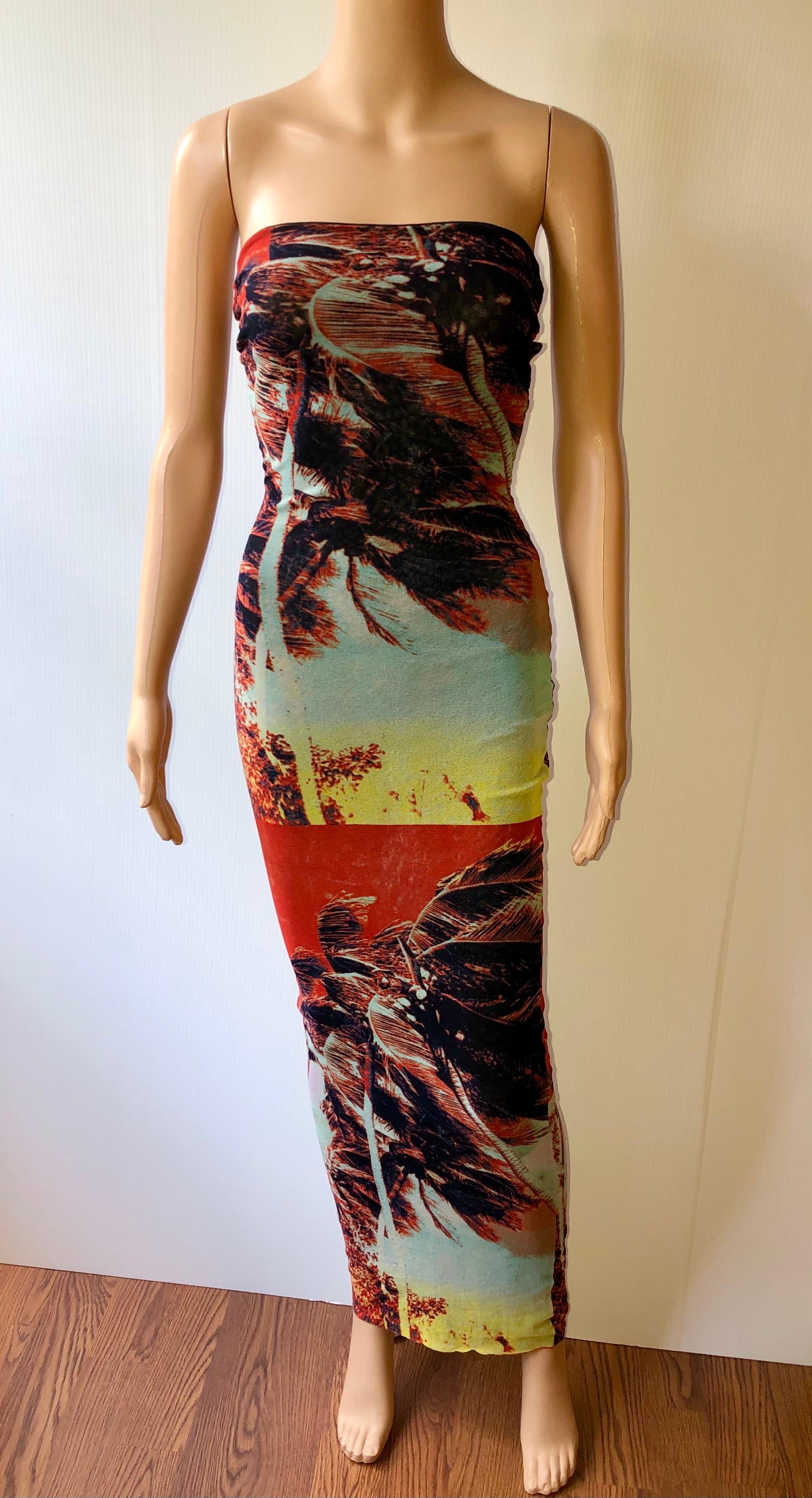 Jean Paul Gaultier Soleil Tropischer Druck Bodycon Maxikleid aus Mesh (Braun)