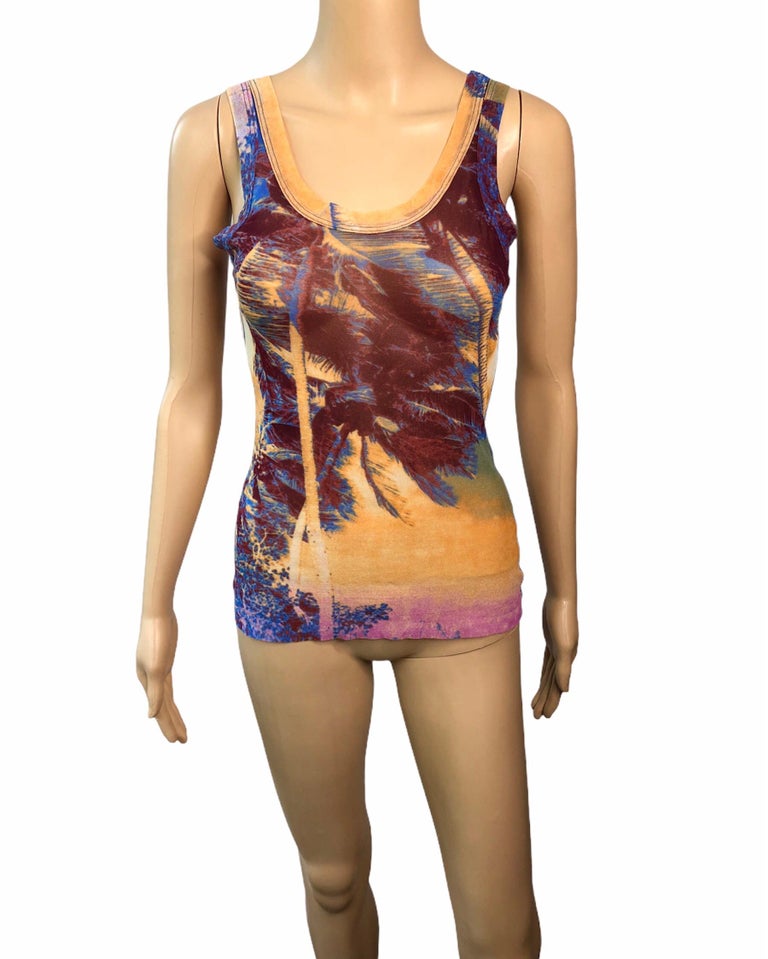 Jean Paul Gaultier Soleil Tropical Print Semi-Sheer Mesh Top In Good Condition For Sale In Fort Myers, FL