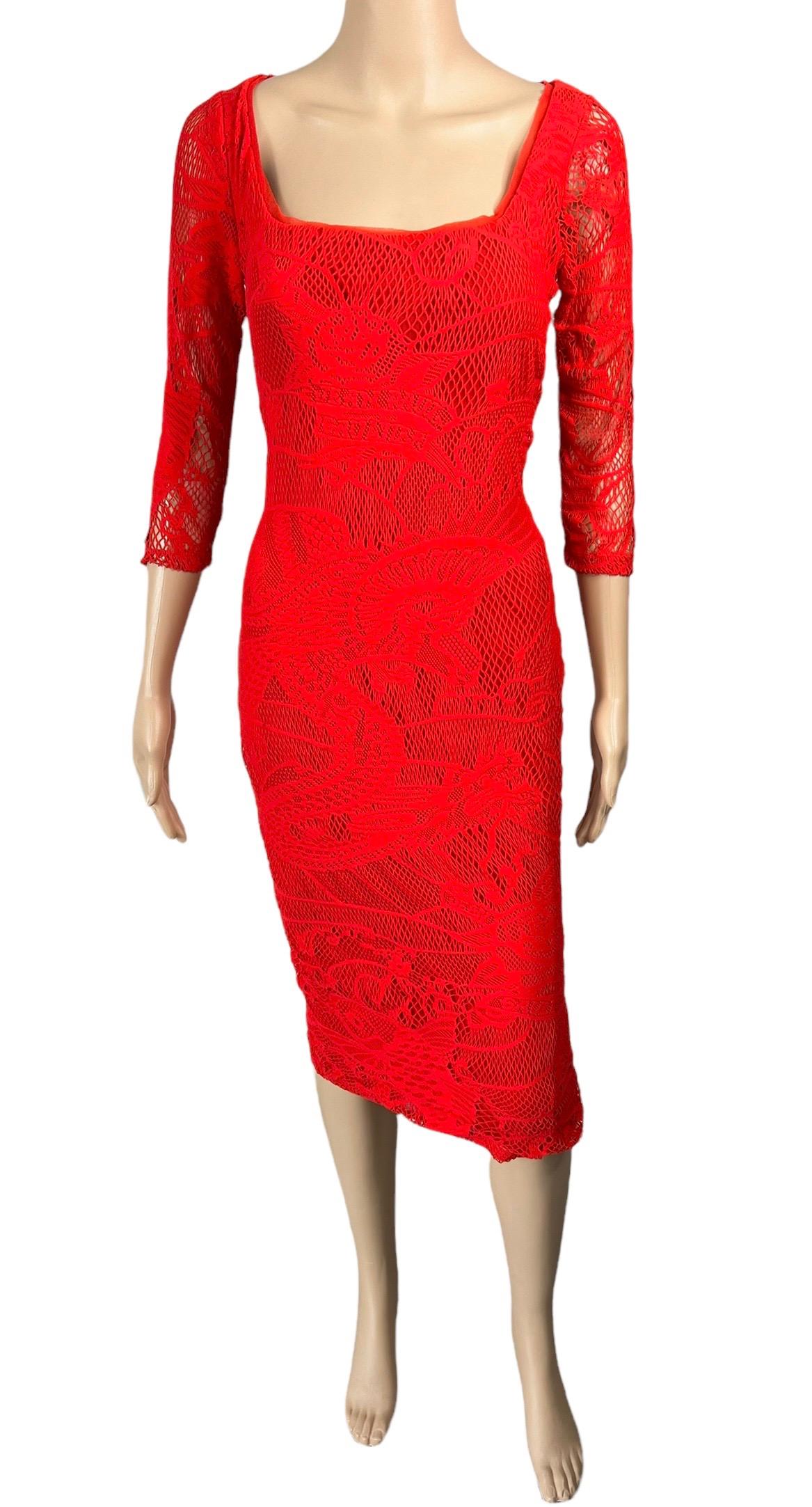 Jean Paul Gaultier Soleil Unworn Bodycon Open Knit Crochet Mesh Red Midi Dress Size L
