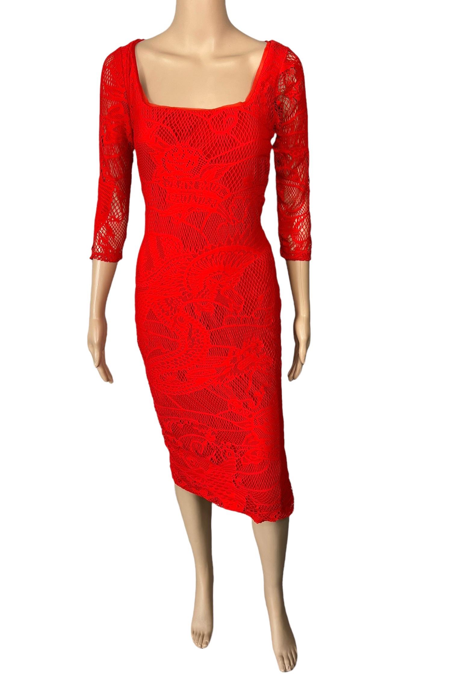 Jean Paul Gaultier Soleil Unworn Bodycon Open Knit Crochet Mesh Red Midi Dress In New Condition For Sale In Naples, FL