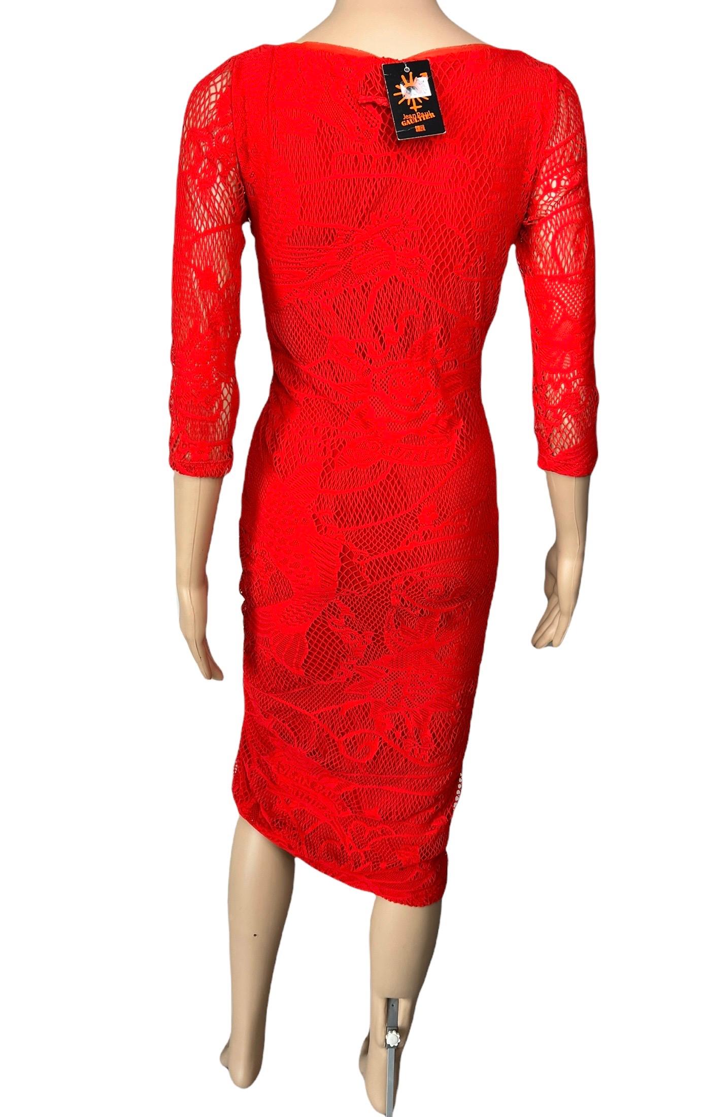 Women's or Men's Jean Paul Gaultier Soleil Unworn Bodycon Open Knit Crochet Mesh Red Midi Dress For Sale