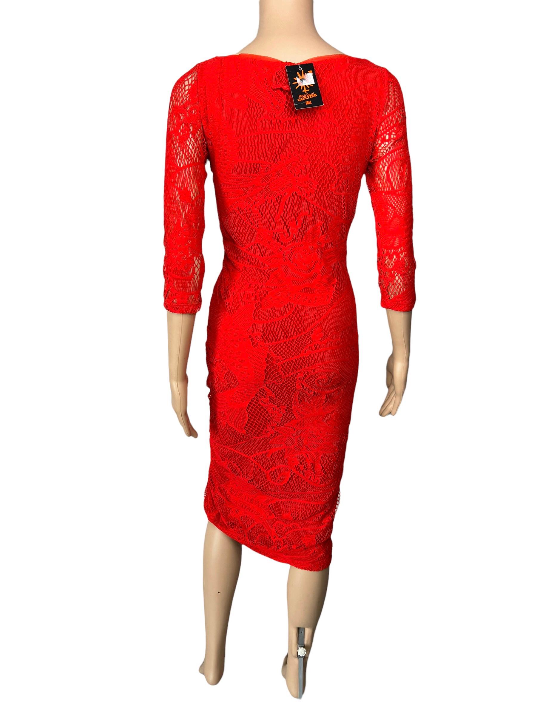 Jean Paul Gaultier Soleil Unworn Bodycon Open Knit Crochet Mesh Red Midi Dress For Sale 1